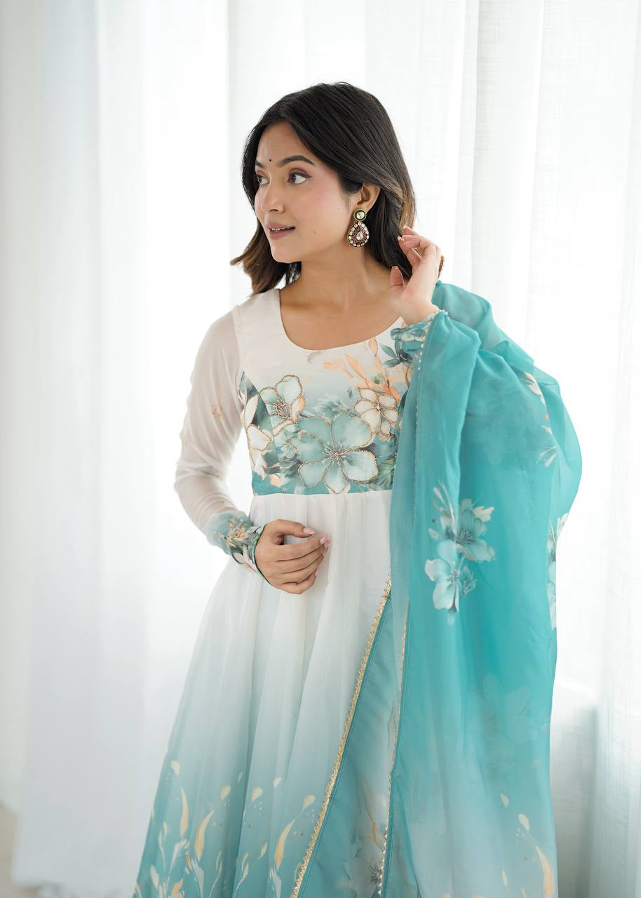 Womenline Aqua Blue Floral Print Organza Three Piece Anarkali Suit