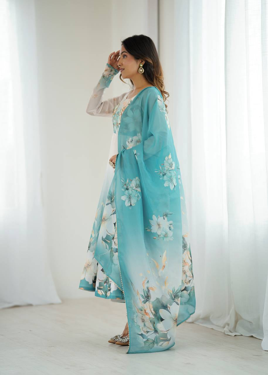Womenline Aqua Blue Floral Print Organza Three Piece Anarkali Suit
