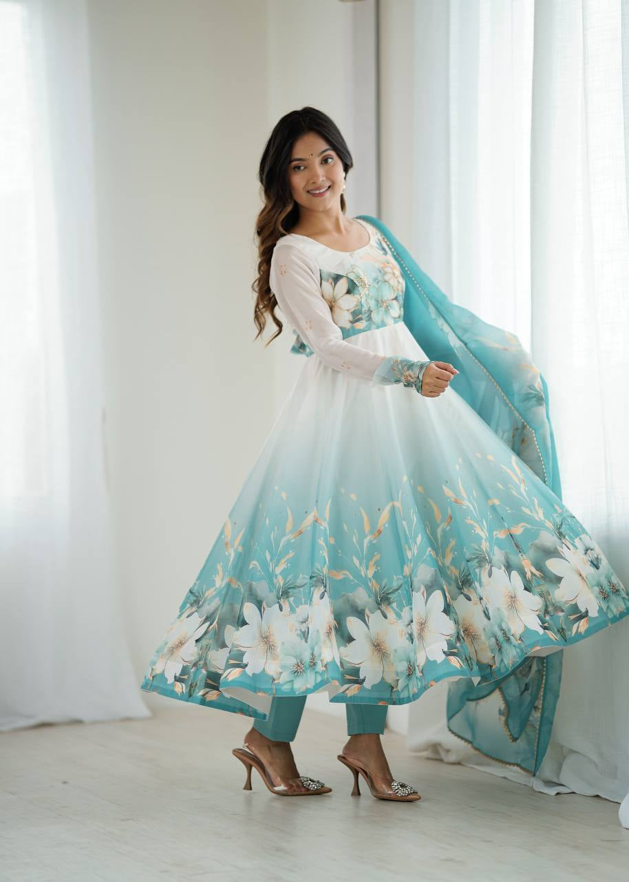 Womenline Aqua Blue Floral Print Organza Three Piece Anarkali Suit