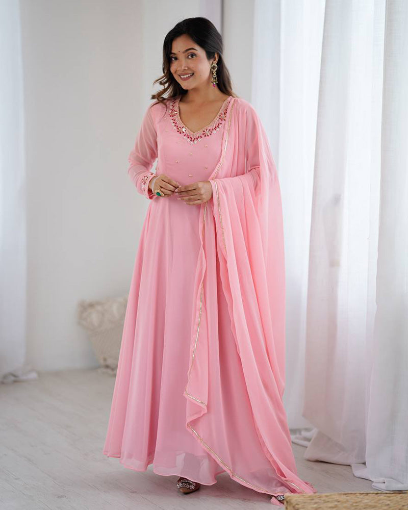 Womenline Baby Pink Color Georgette Three Piece Anarkali Suit
