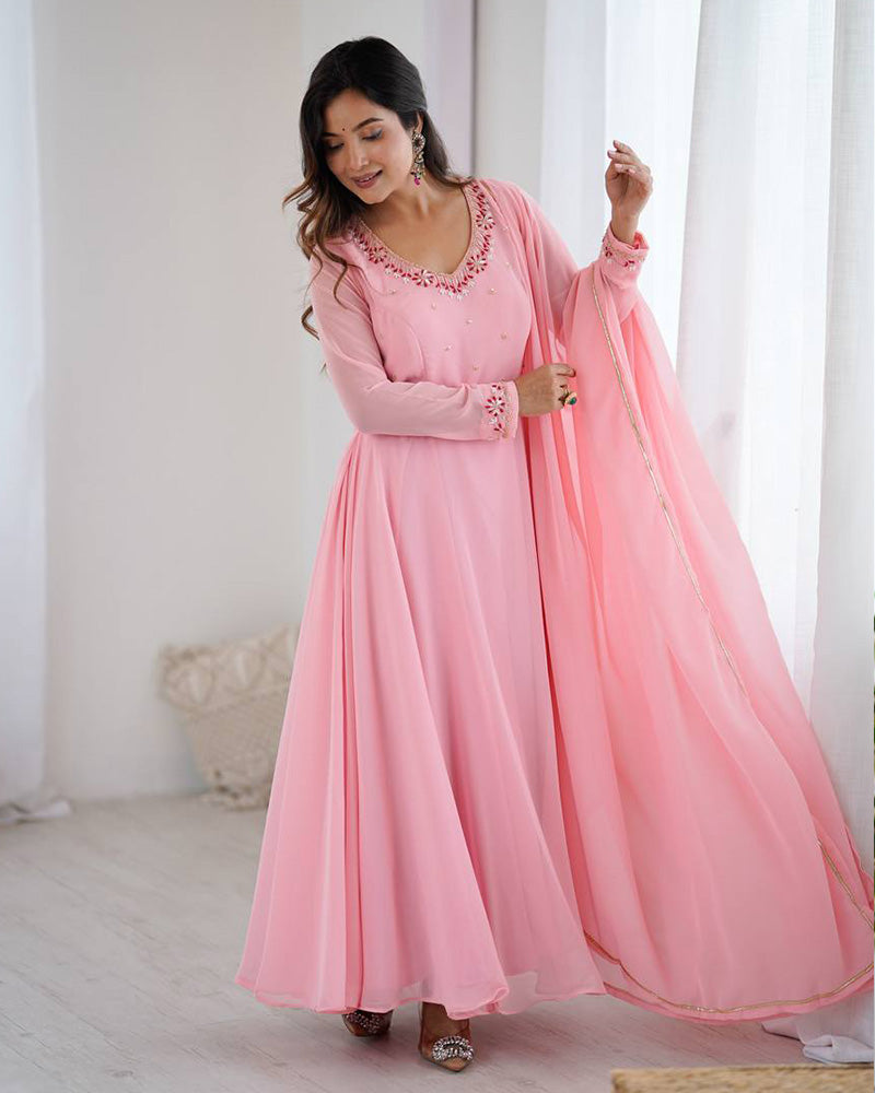 Womenline Baby Pink Color Georgette Three Piece Anarkali Suit
