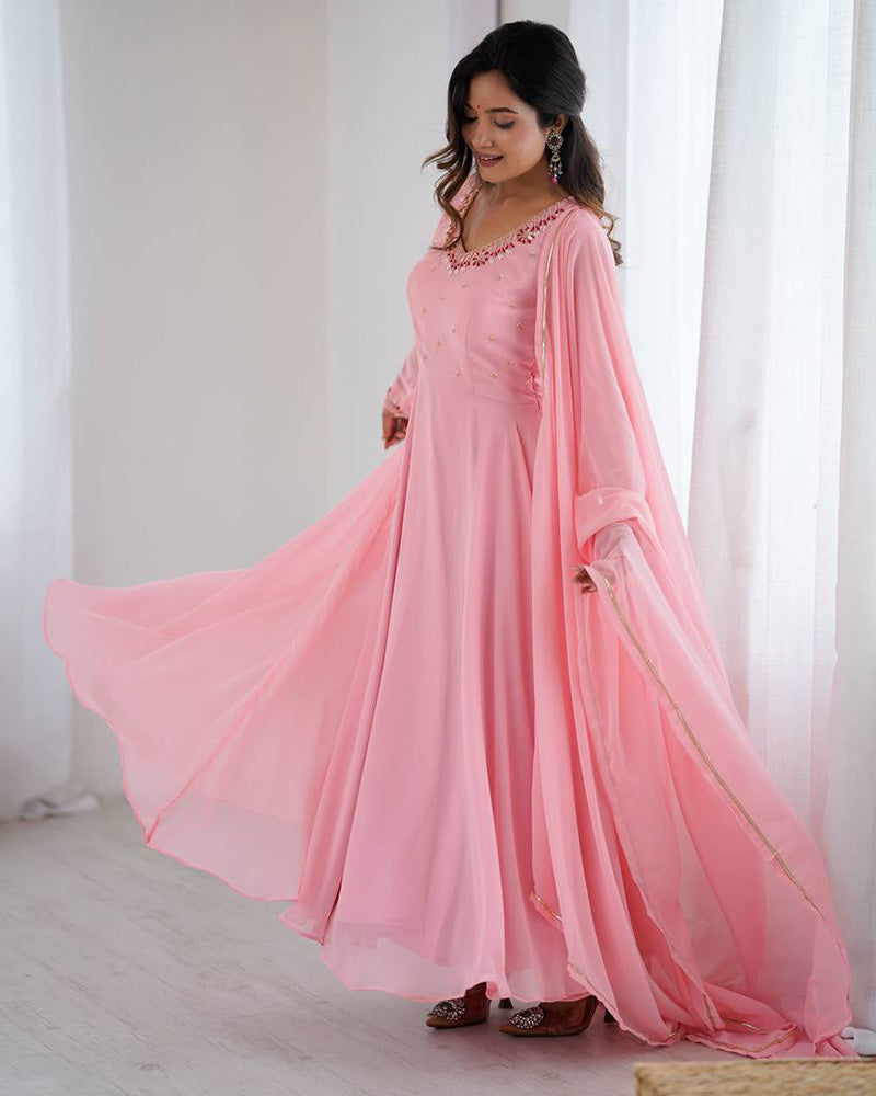 Womenline Baby Pink Color Georgette Three Piece Anarkali Suit