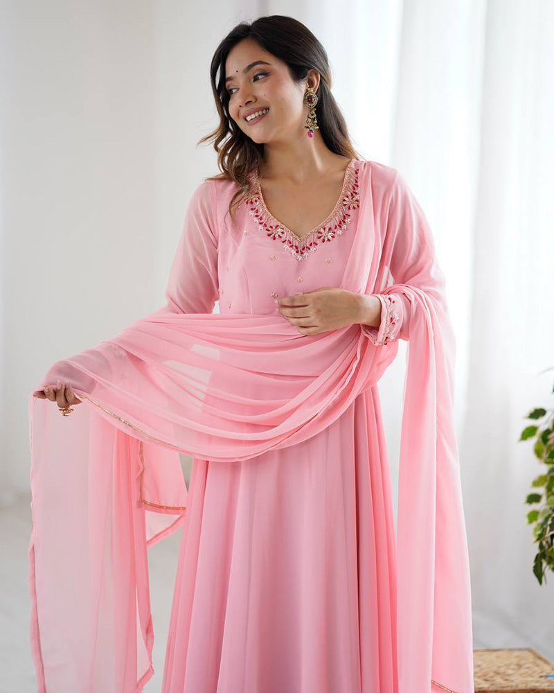 Womenline Baby Pink Color Georgette Three Piece Anarkali Suit
