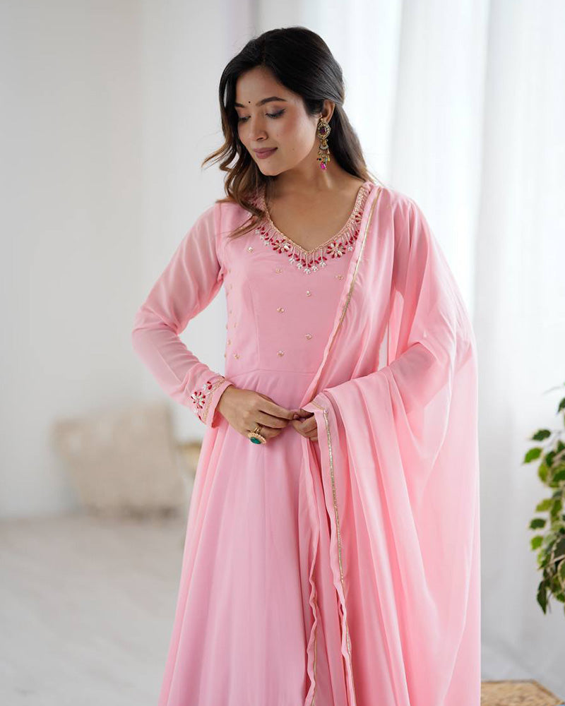 Womenline Baby Pink Color Georgette Three Piece Anarkali Suit