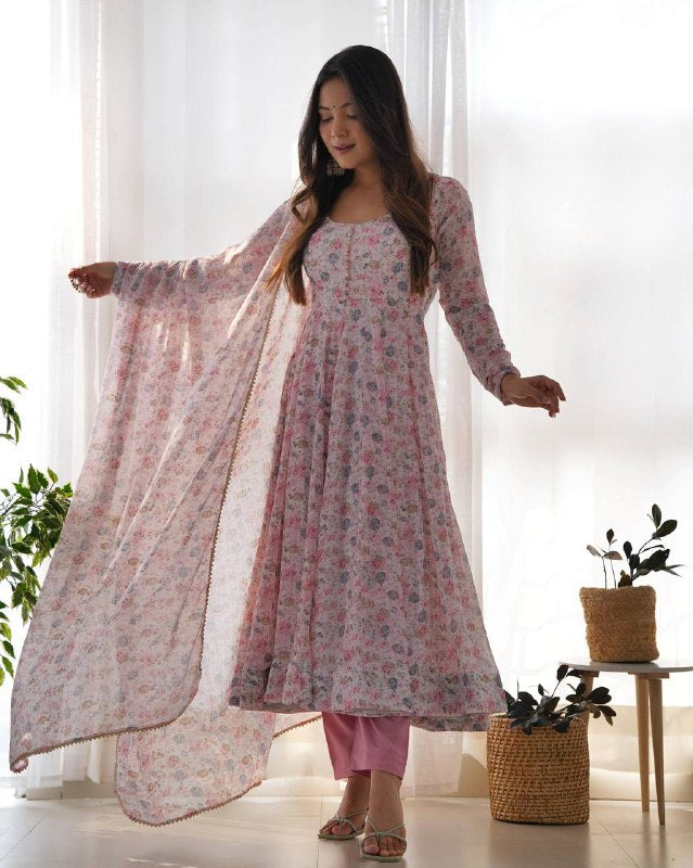 Womenline Baby Pink Color Heavy Chiffon Floral Print With Full Flair Three Piece Anarkali Suit