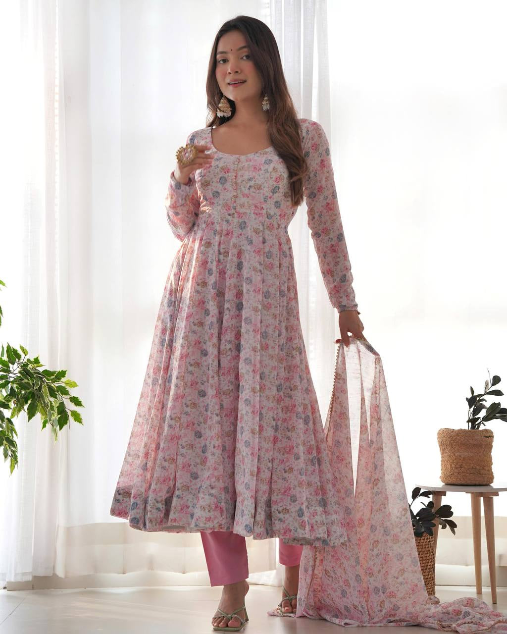 Womenline Baby Pink Color Heavy Chiffon Floral Print With Full Flair Three Piece Anarkali Suit