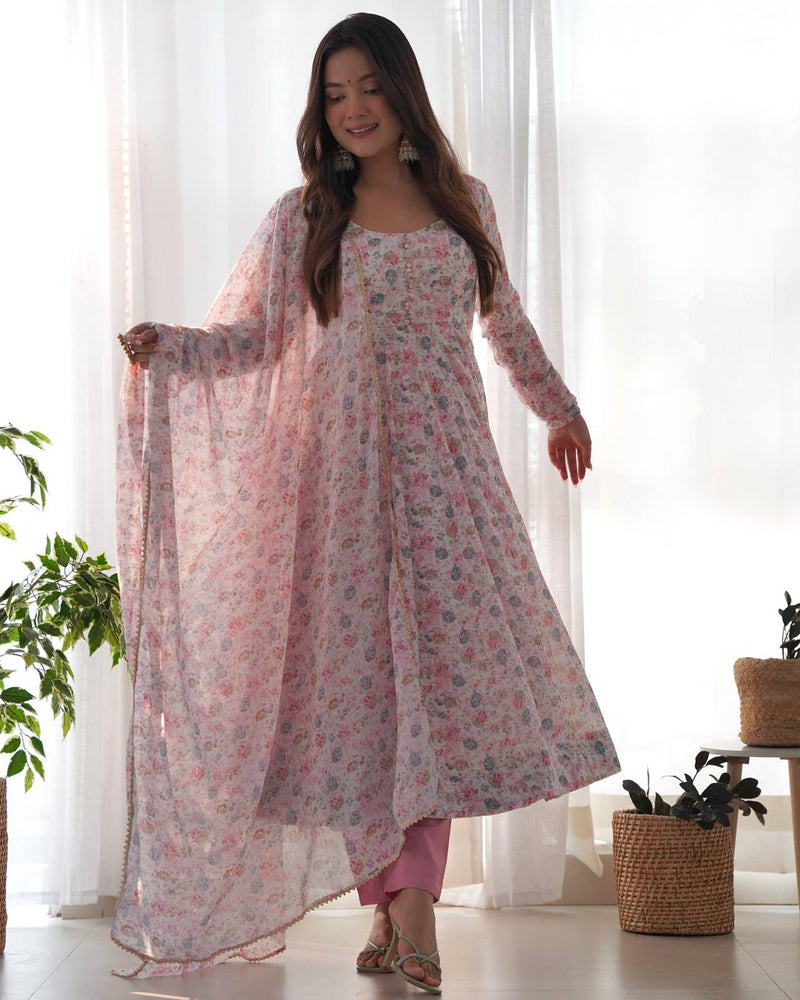 Womenline Baby Pink Color Heavy Chiffon Floral Print With Full Flair Three Piece Anarkali Suit