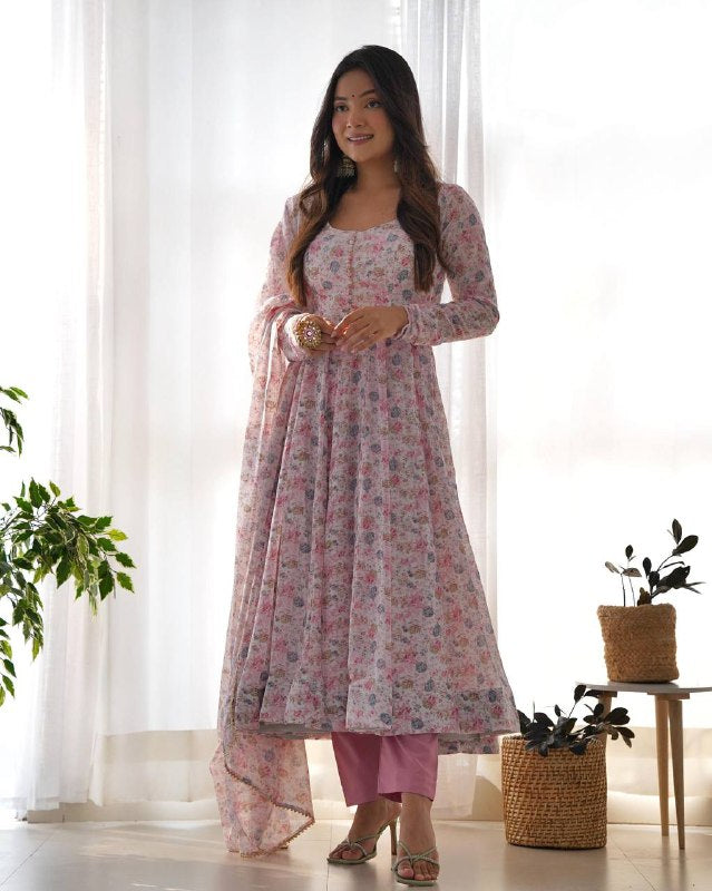 Womenline Baby Pink Color Heavy Chiffon Floral Print With Full Flair Three Piece Anarkali Suit