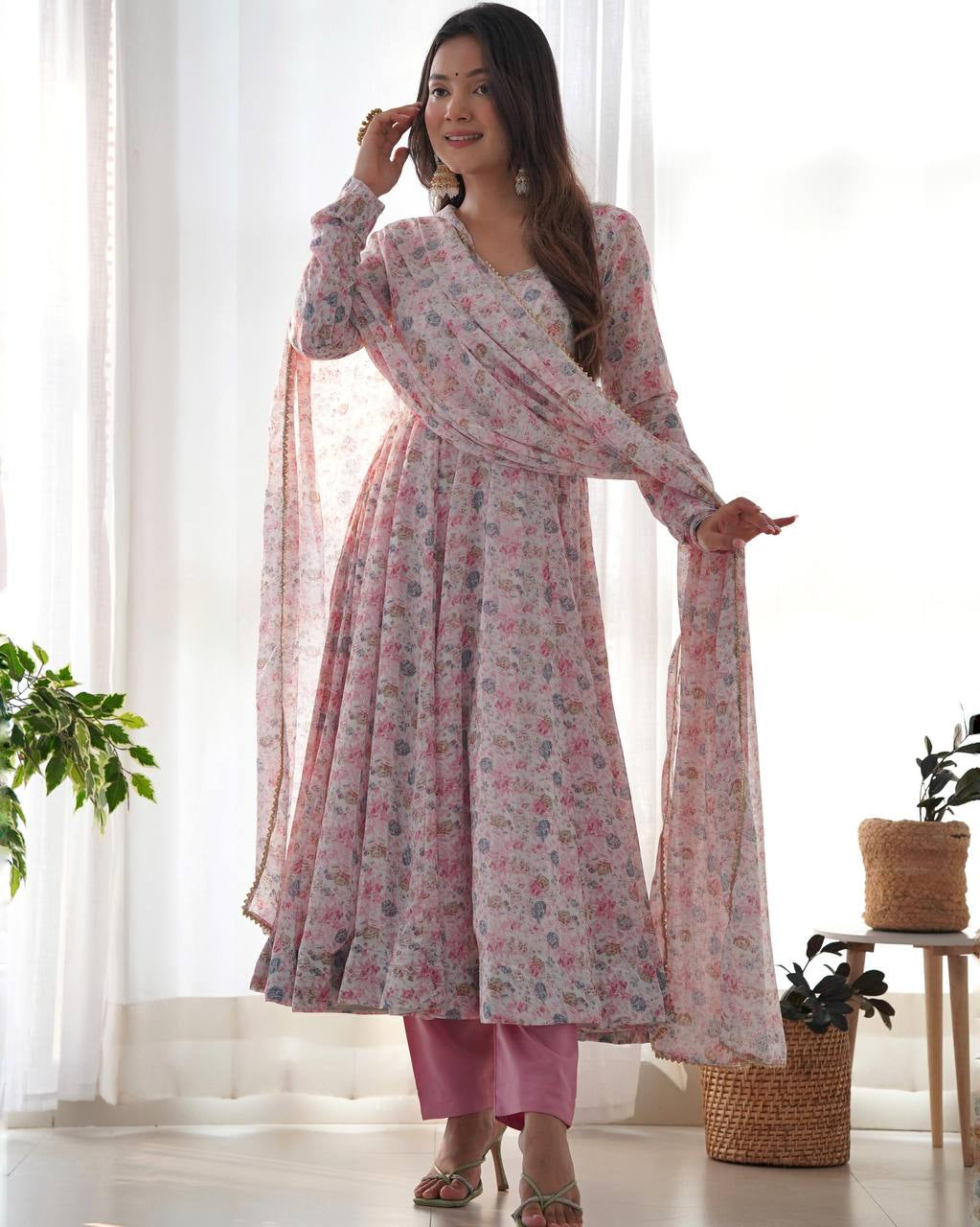 Womenline Baby Pink Color Heavy Chiffon Floral Print With Full Flair Three Piece Anarkali Suit