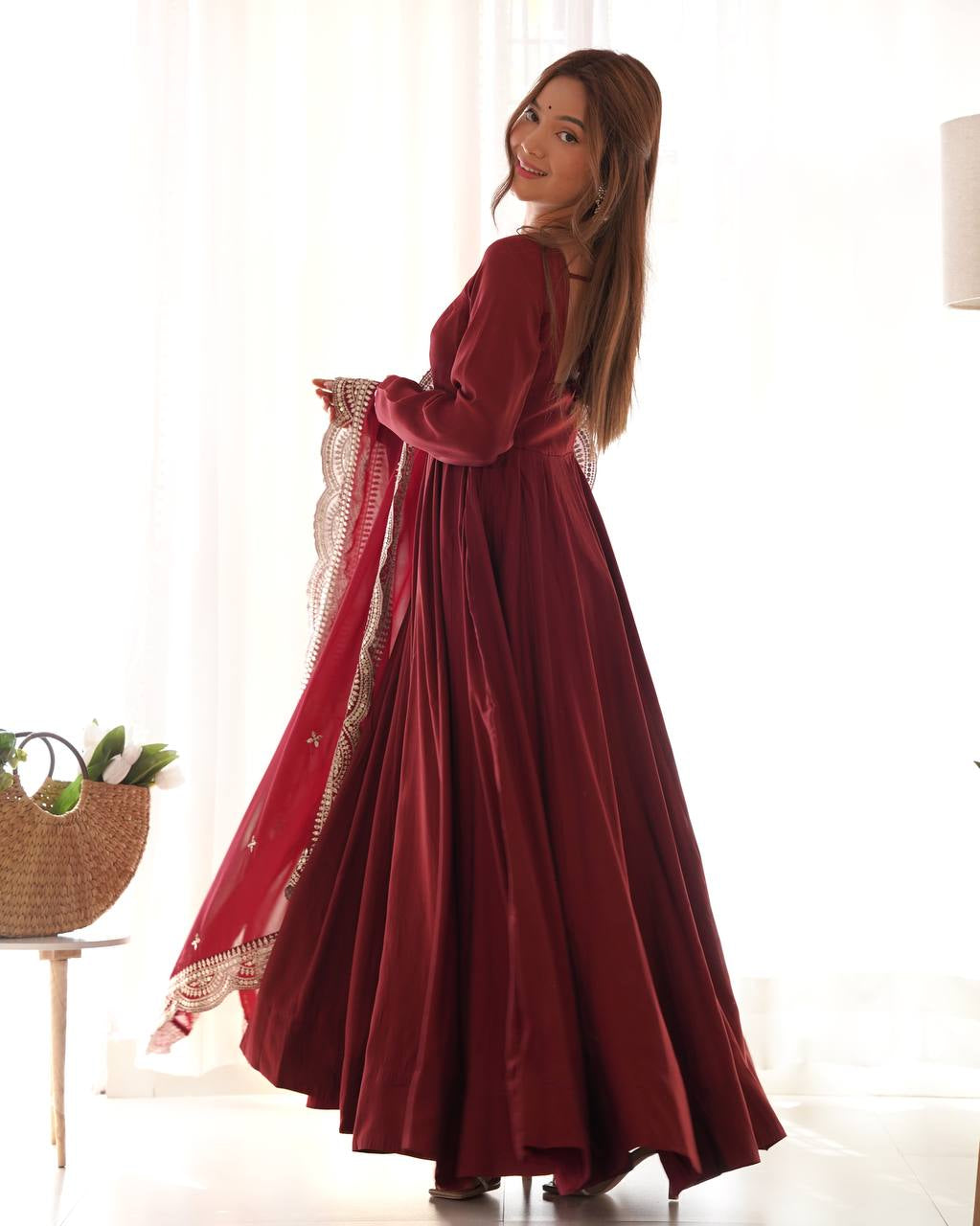 Womenline Beautiful Maroon Color Pure Chanderi Silk Three Piece Anarkali Suit