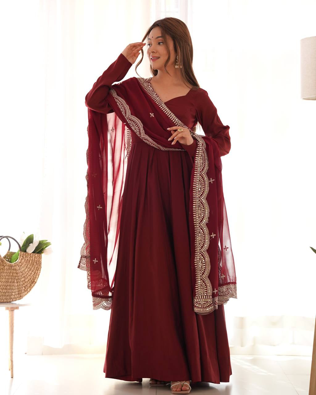 Womenline Beautiful Maroon Color Pure Chanderi Silk Three Piece Anarkali Suit