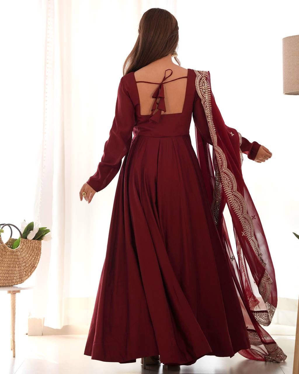Womenline Beautiful Maroon Color Pure Chanderi Silk Three Piece Anarkali Suit