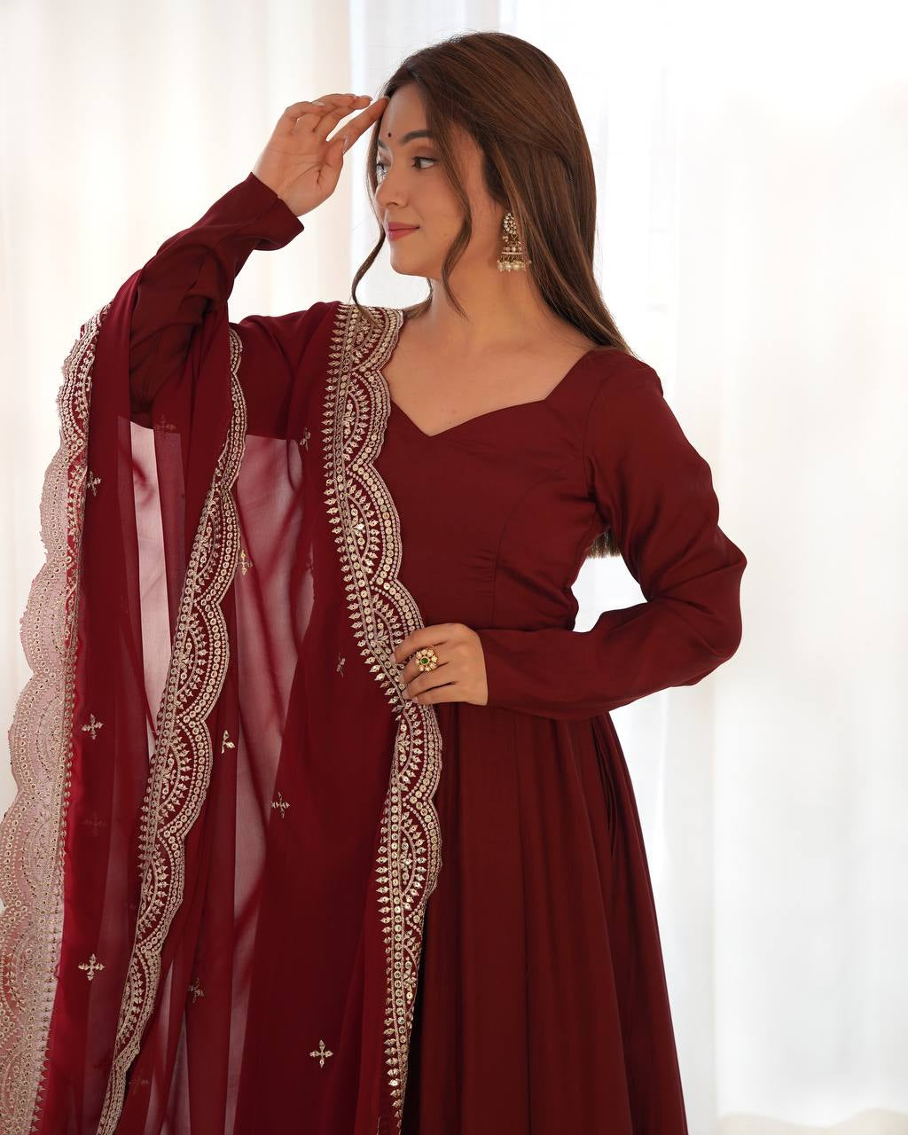 Womenline Beautiful Maroon Color Pure Chanderi Silk Three Piece Anarkali Suit
