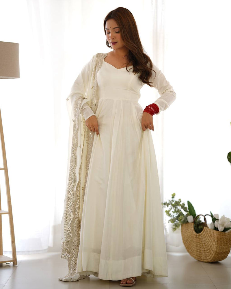Womenline Beautiful White Color Pure Chanderi Silk Three Piece Anarkali Suit
