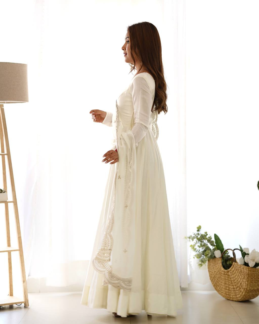 Womenline Beautiful White Color Pure Chanderi Silk Three Piece Anarkali Suit