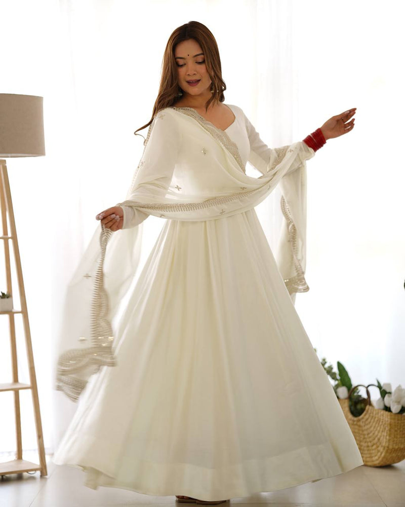 Womenline Beautiful White Color Pure Chanderi Silk Three Piece Anarkali Suit