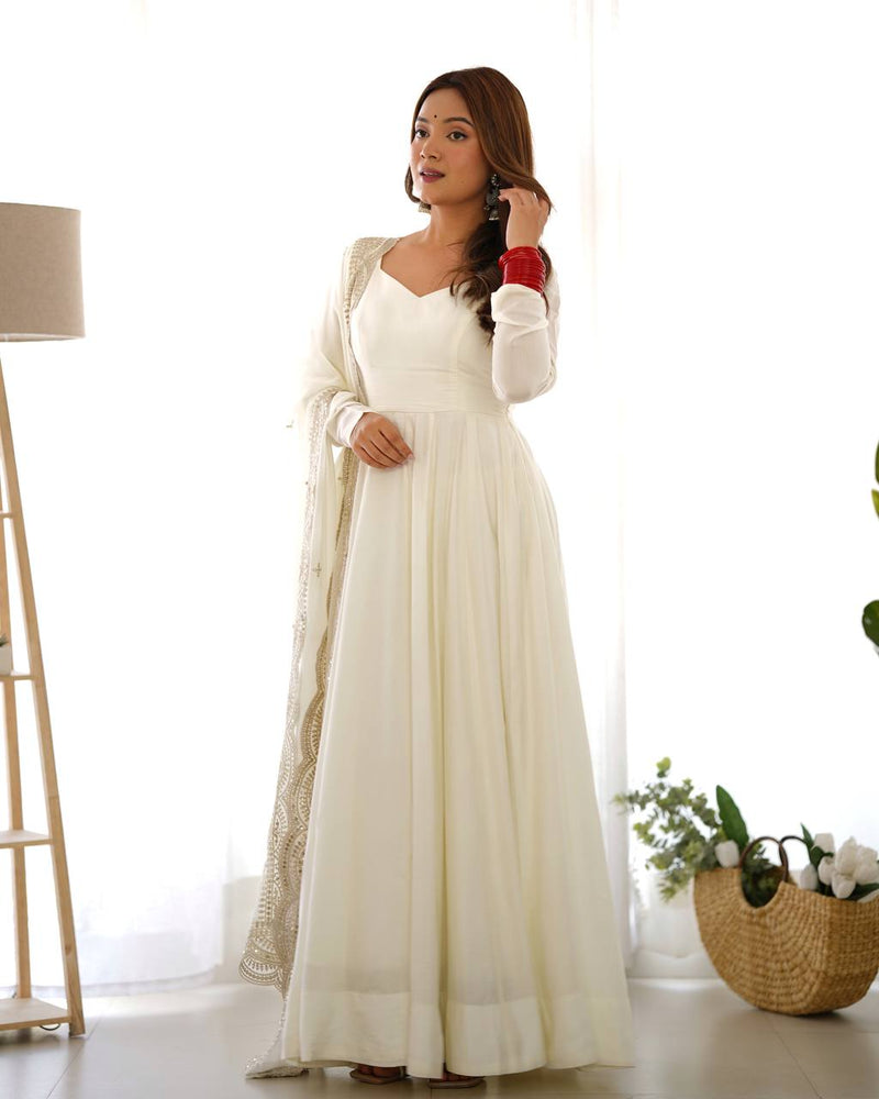 Womenline Beautiful White Color Pure Chanderi Silk Three Piece Anarkali Suit
