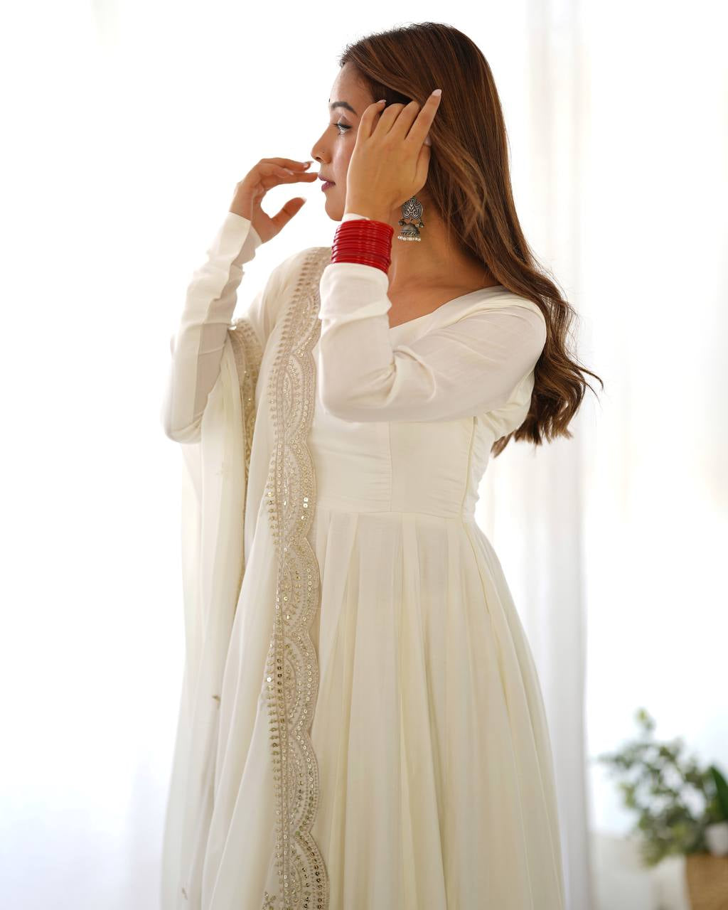 Womenline Beautiful White Color Pure Chanderi Silk Three Piece Anarkali Suit
