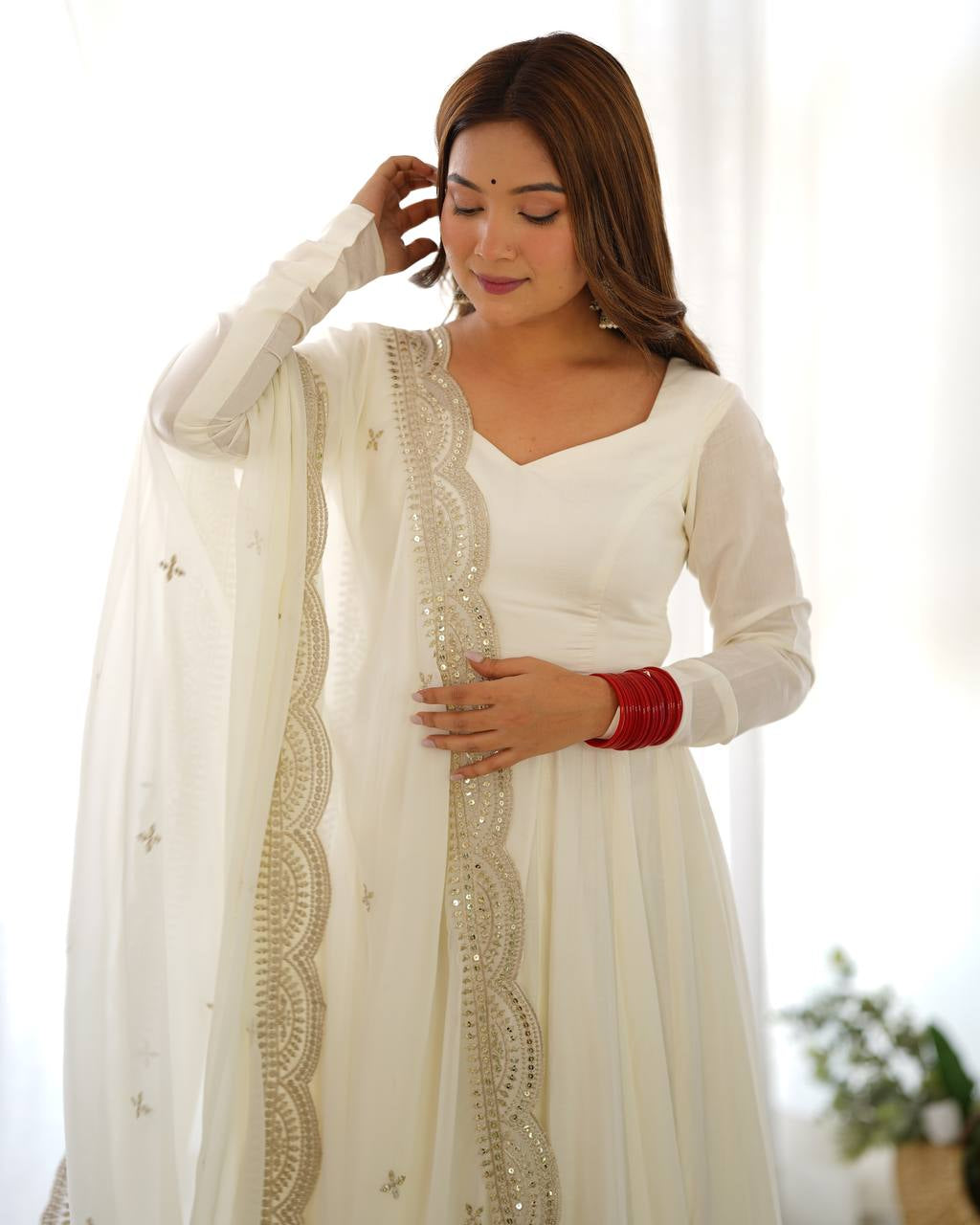 Womenline Beautiful White Color Pure Chanderi Silk Three Piece Anarkali Suit