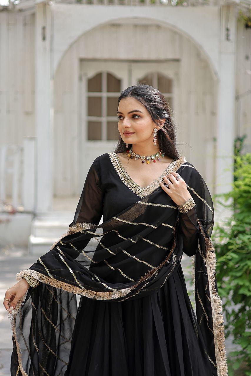 Womenline Black Color Blooming Gown with Dupatta