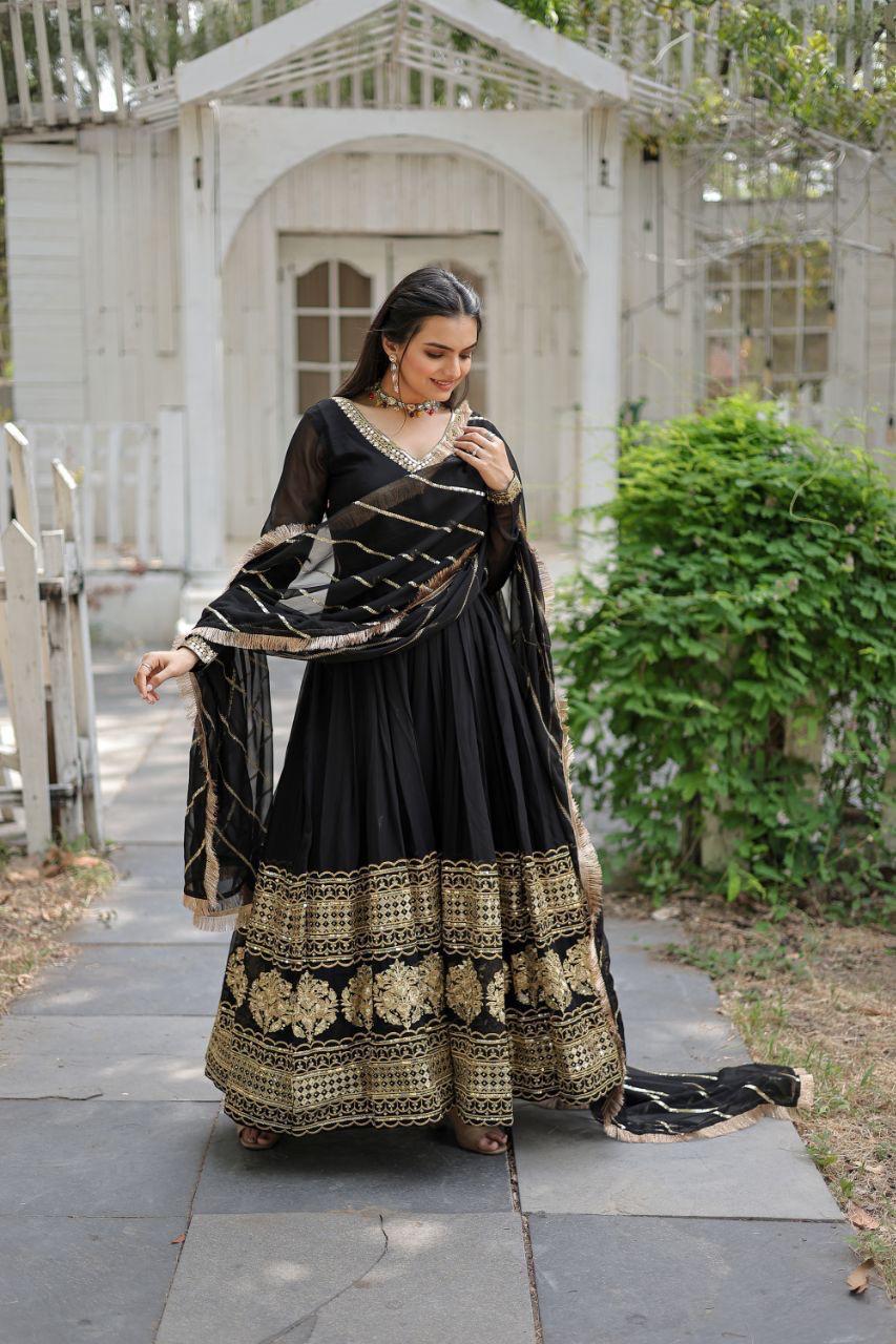 Womenline Black Color Blooming Gown with Dupatta