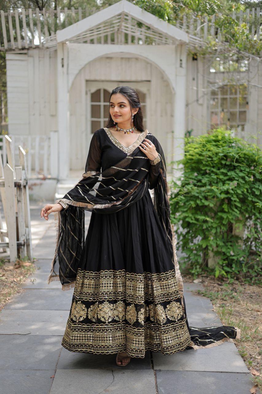 Womenline Black Color Blooming Gown with Dupatta