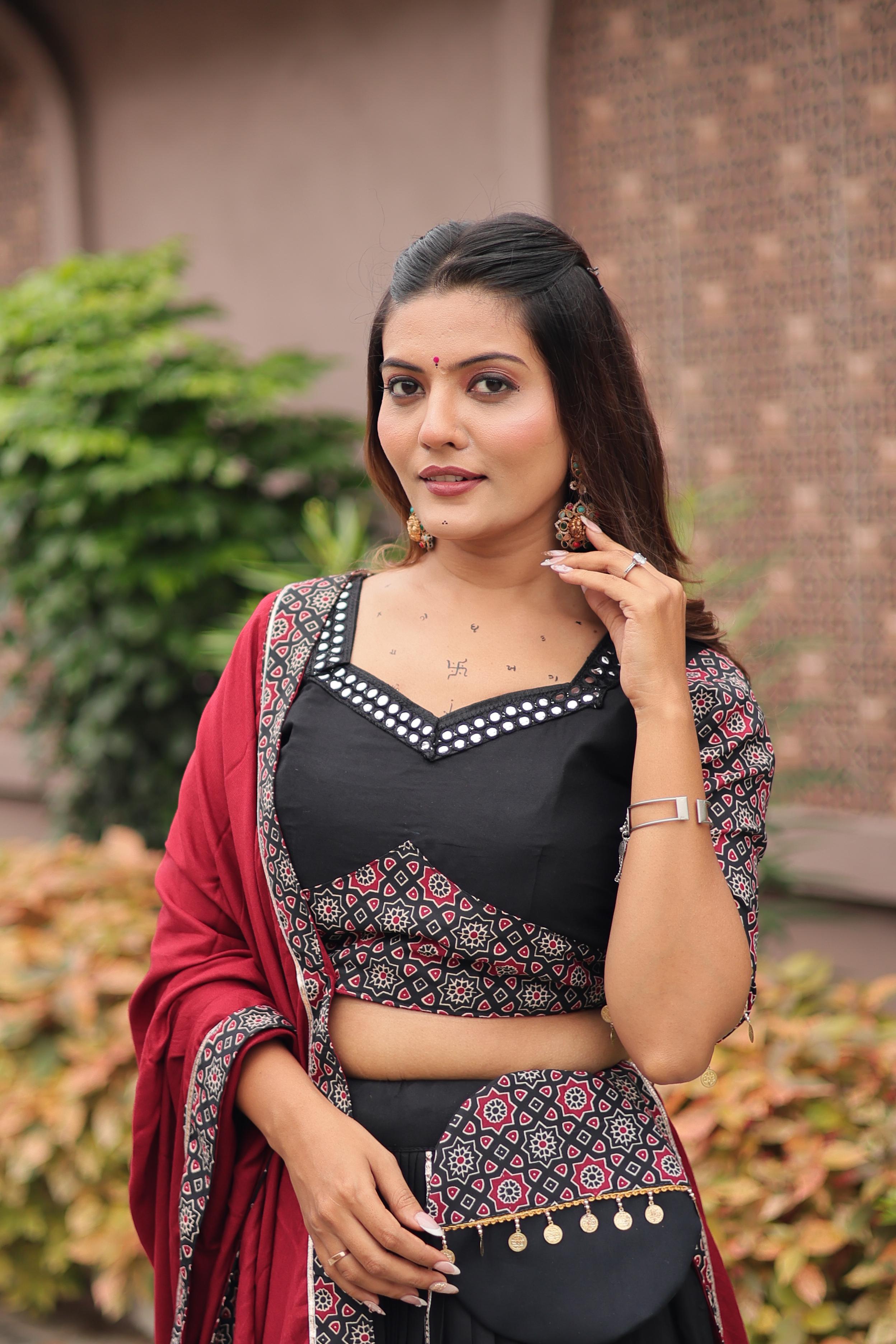 Womenline Black Color Cotton Navratri Lehenga Choli