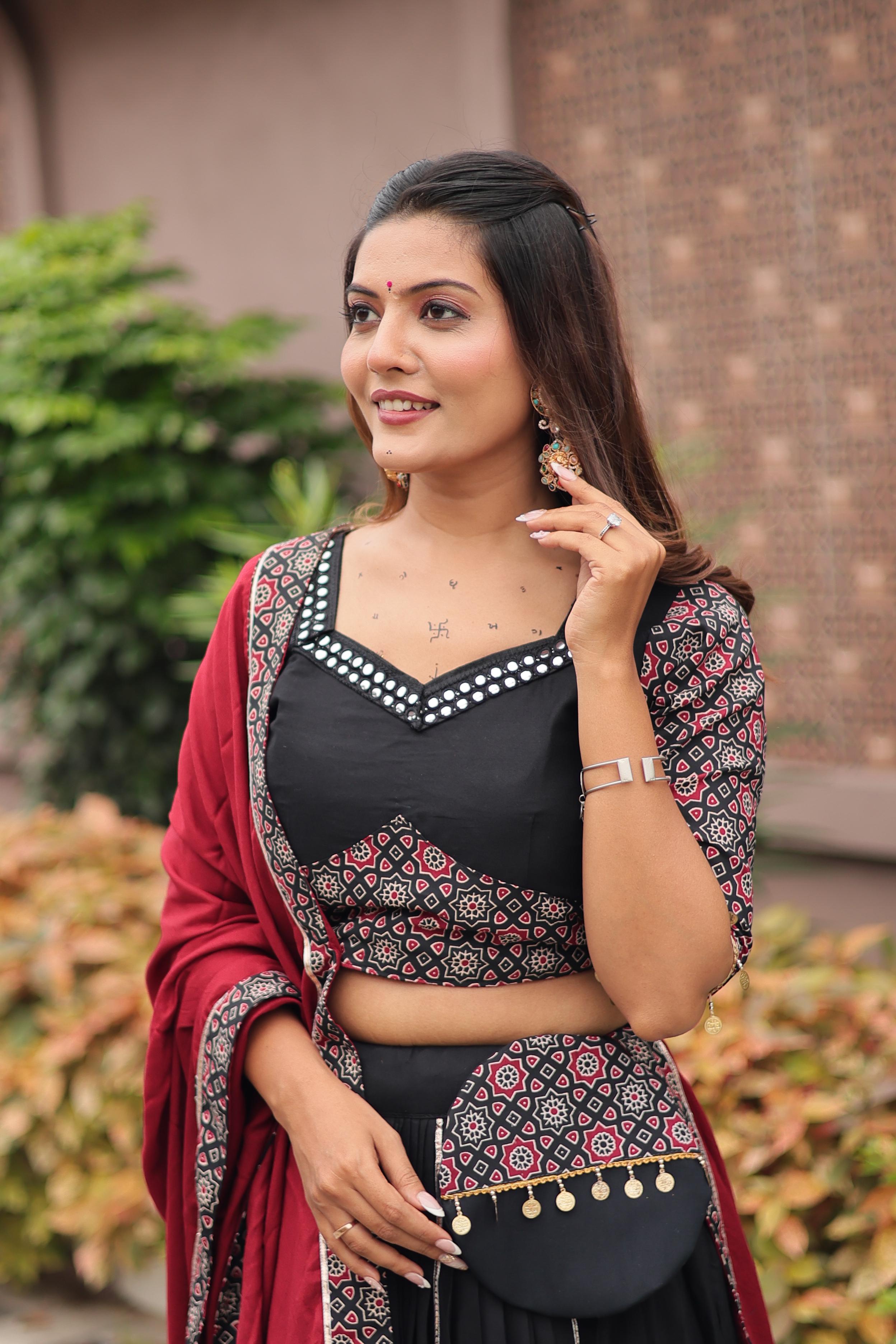 Womenline Black Color Cotton Navratri Lehenga Choli