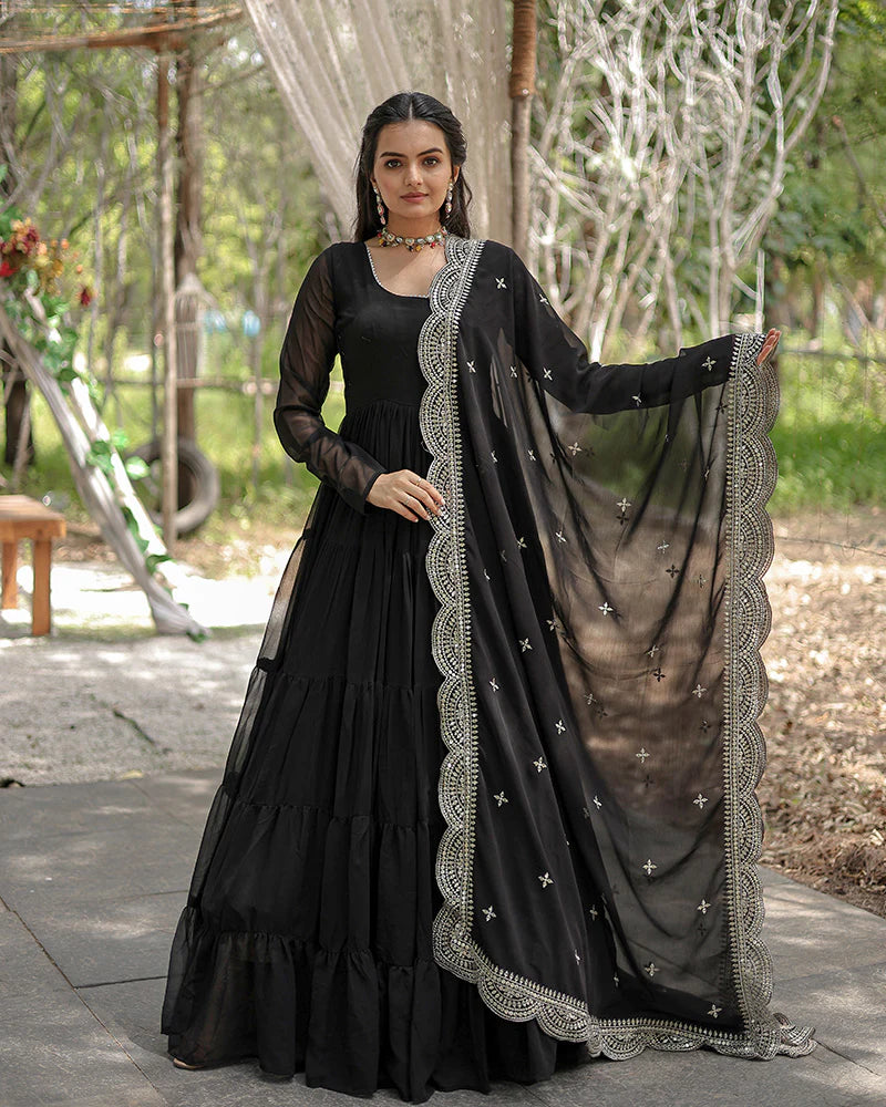 Womenline Black Color Designer Embroidered Gown With Dupatta