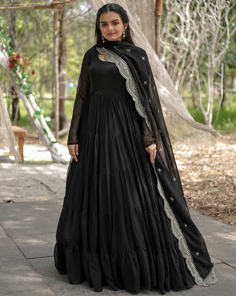 Womenline Black Color Designer Embroidered Gown With Dupatta