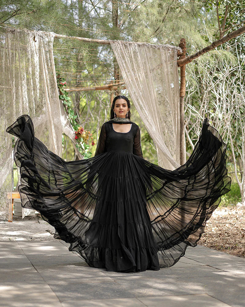Womenline Black Color Designer Embroidered Gown With Dupatta