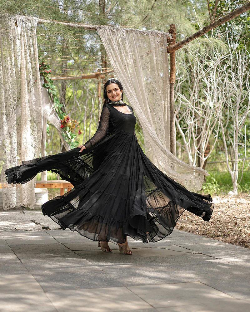 Womenline Black Color Designer Embroidered Gown With Dupatta