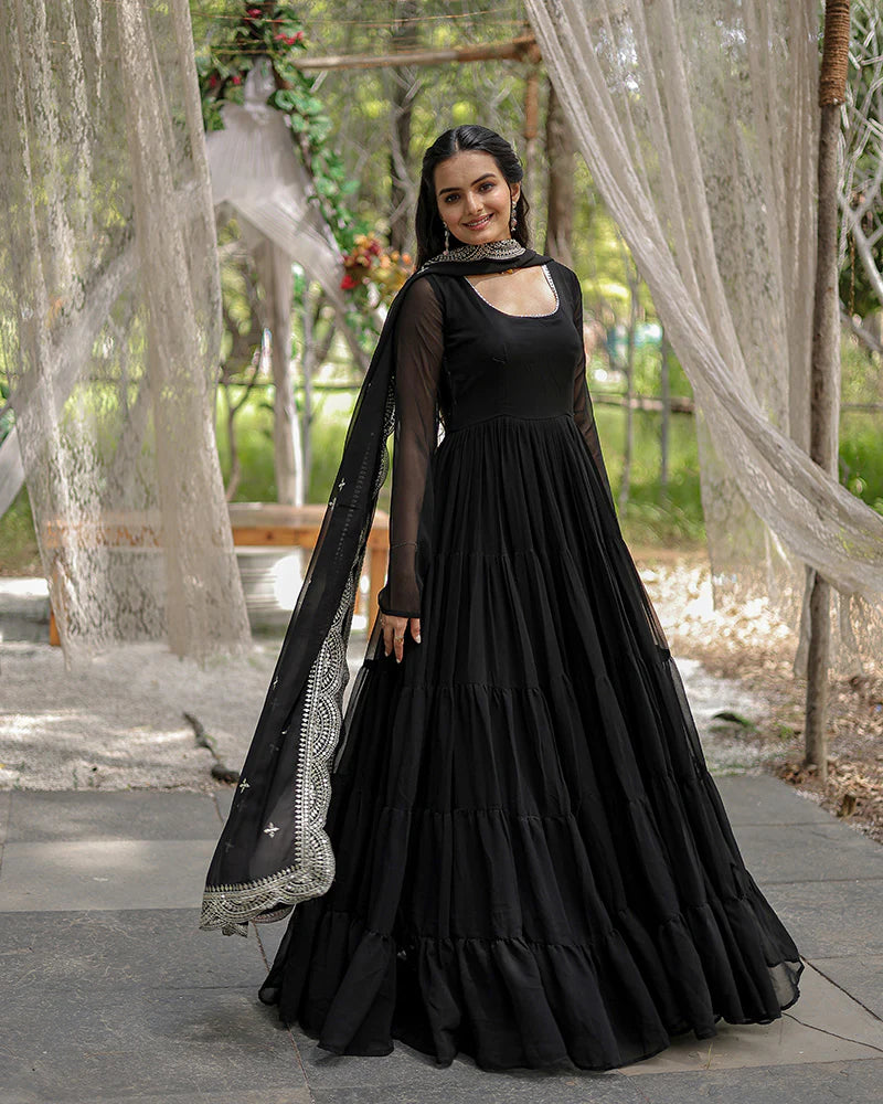 Womenline Black Color Designer Embroidered Gown With Dupatta