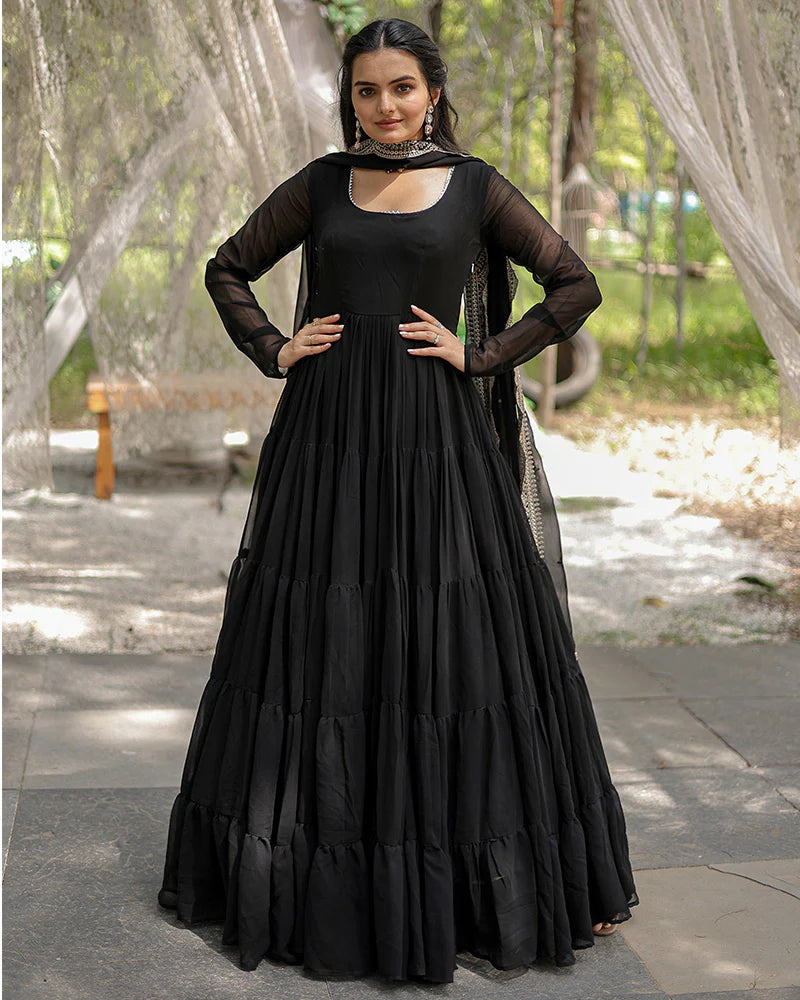 Womenline Black Color Designer Embroidered Gown With Dupatta