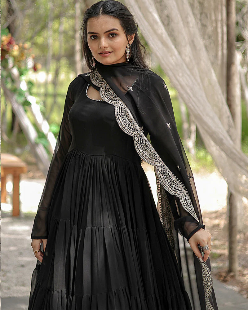 Womenline Black Color Designer Embroidered Gown With Dupatta