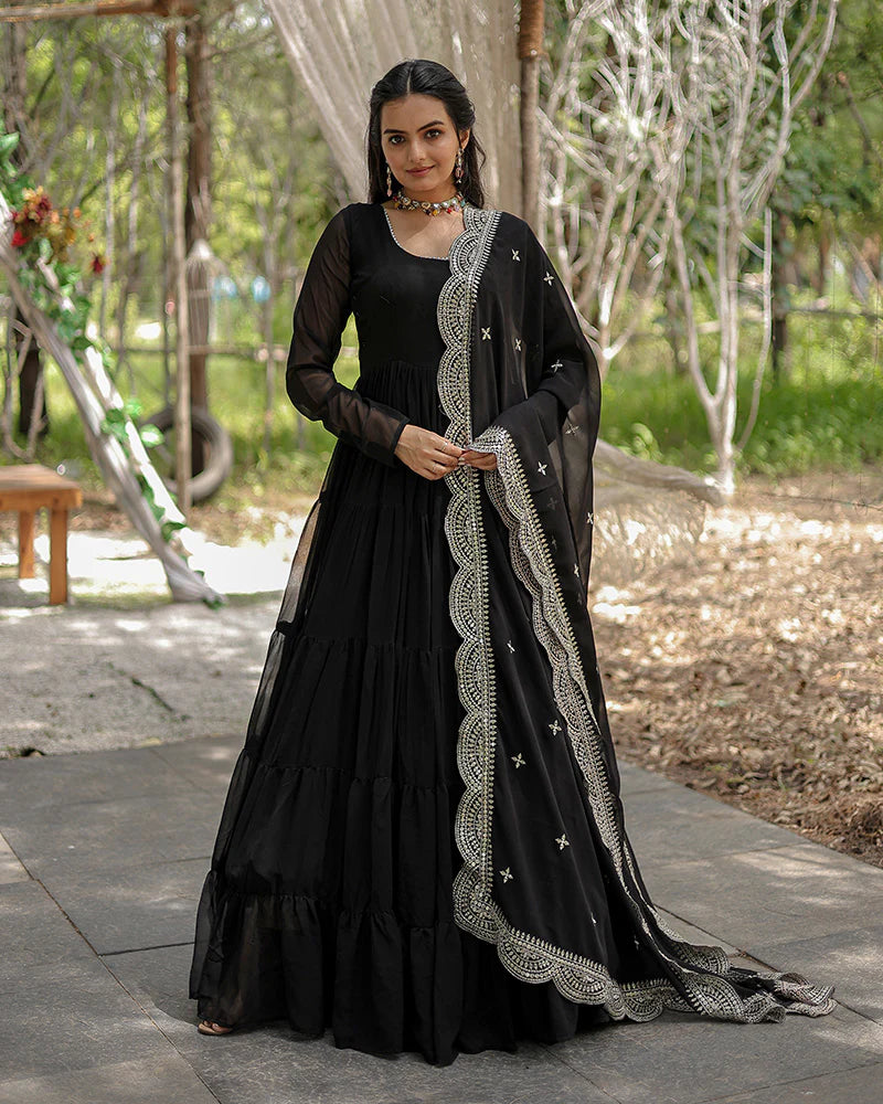 Womenline Black Color Designer Embroidered Gown With Dupatta