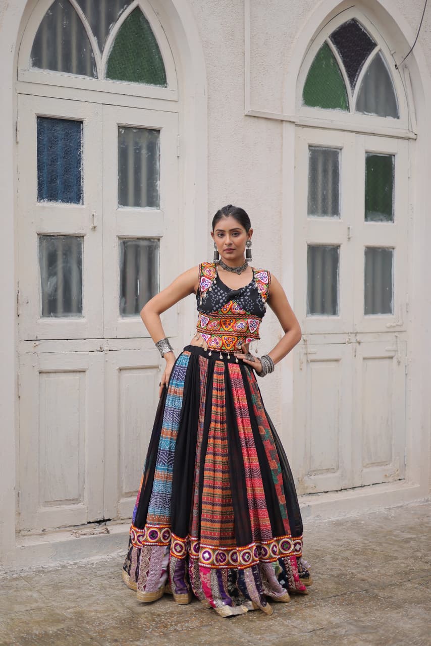 Womenline Black Color Georgette Embellished Work Navratri Lehenga Choli