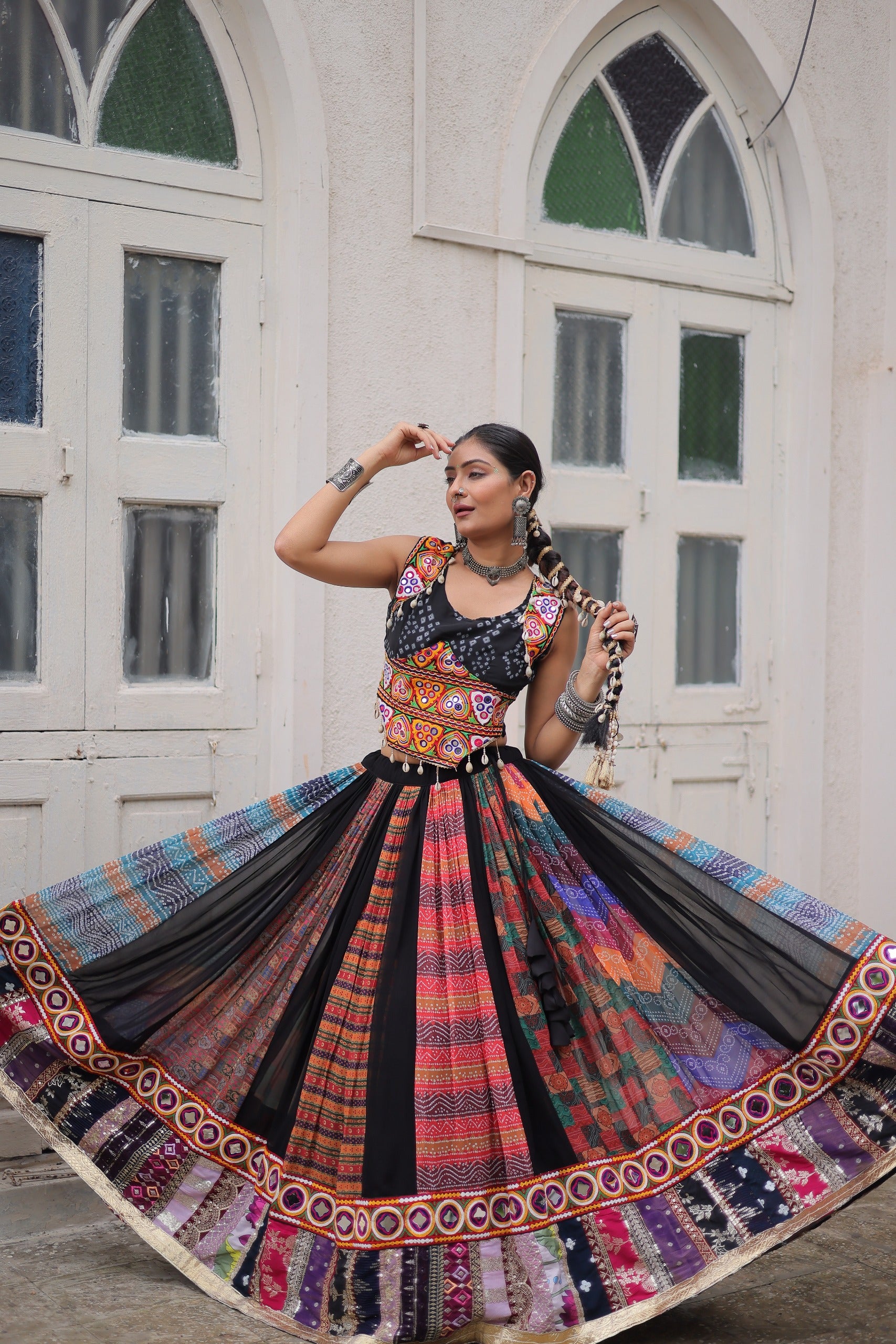 Womenline Black Color Georgette Embellished Work Navratri Lehenga Choli