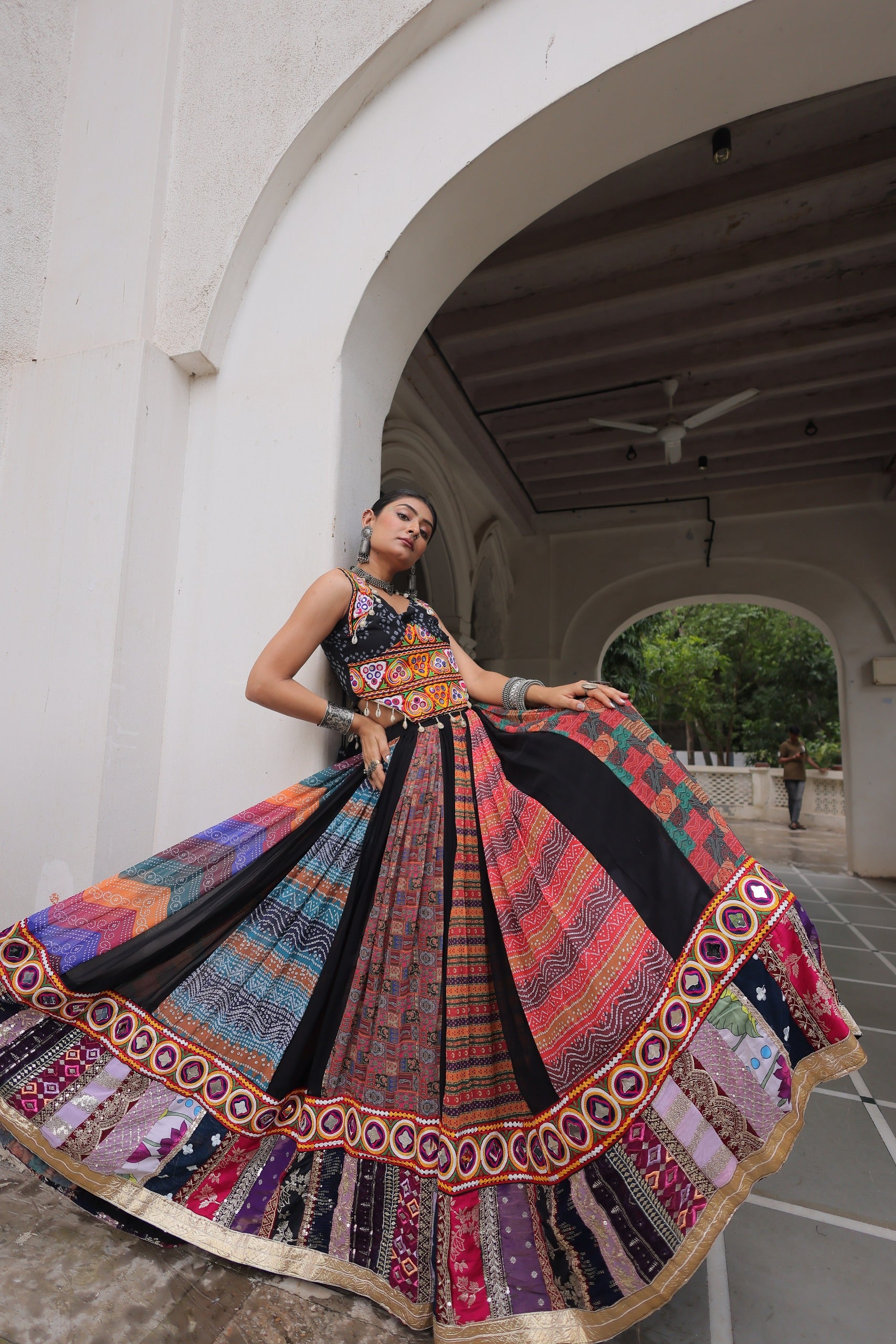 Womenline Black Color Georgette Embellished Work Navratri Lehenga Choli