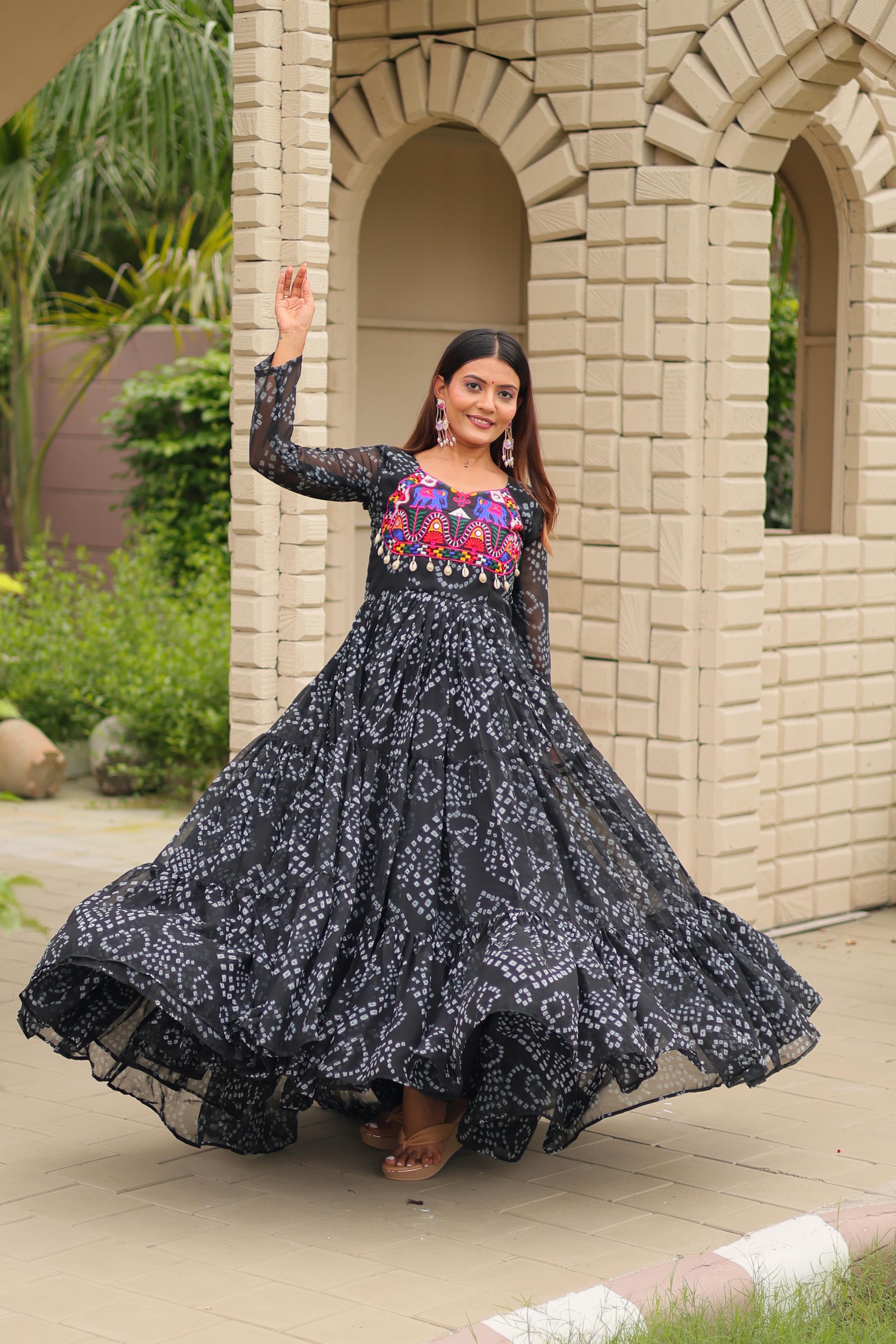 Womenline Black Color Georgette Navratri Gown