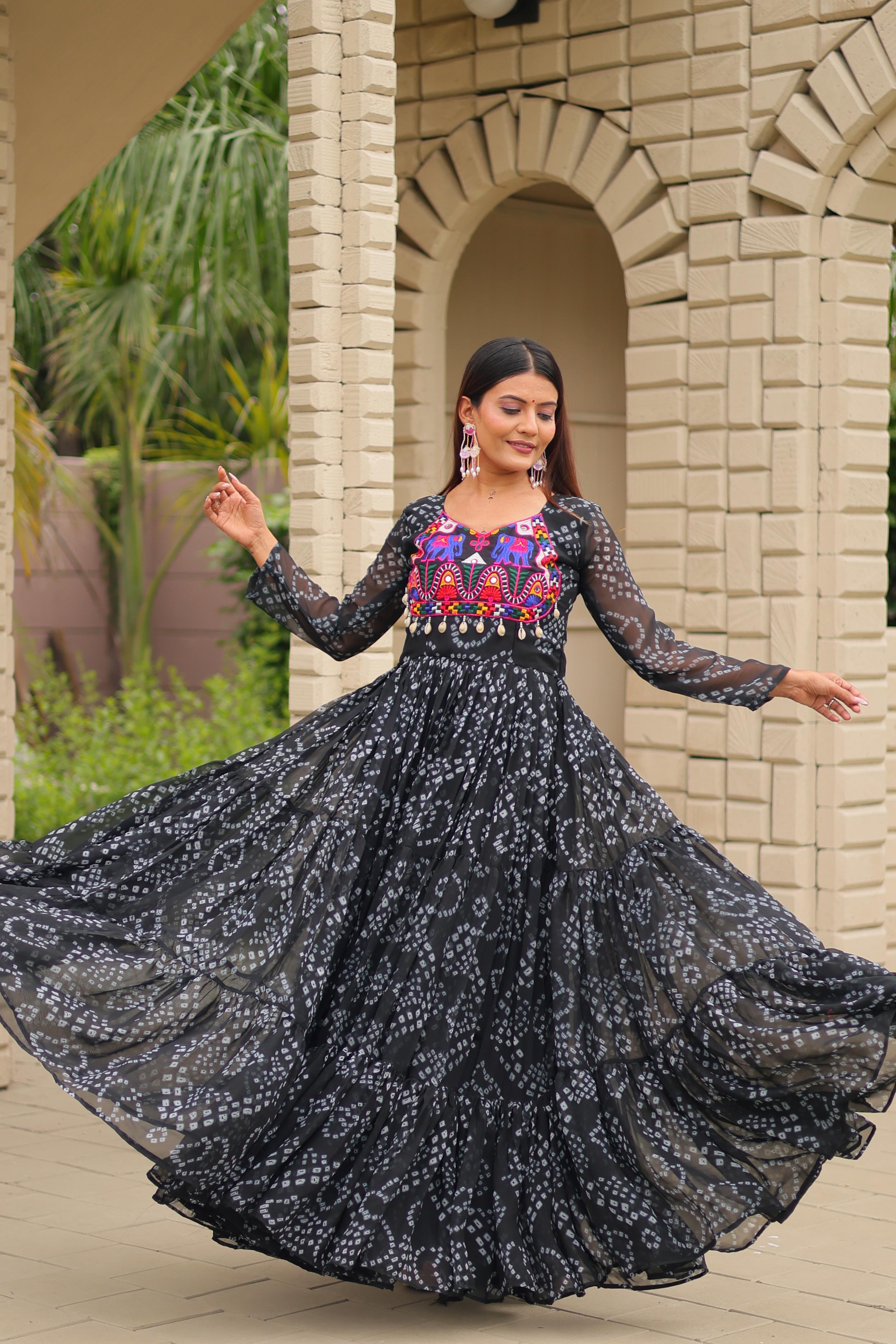 Womenline Black Color Georgette Navratri Gown