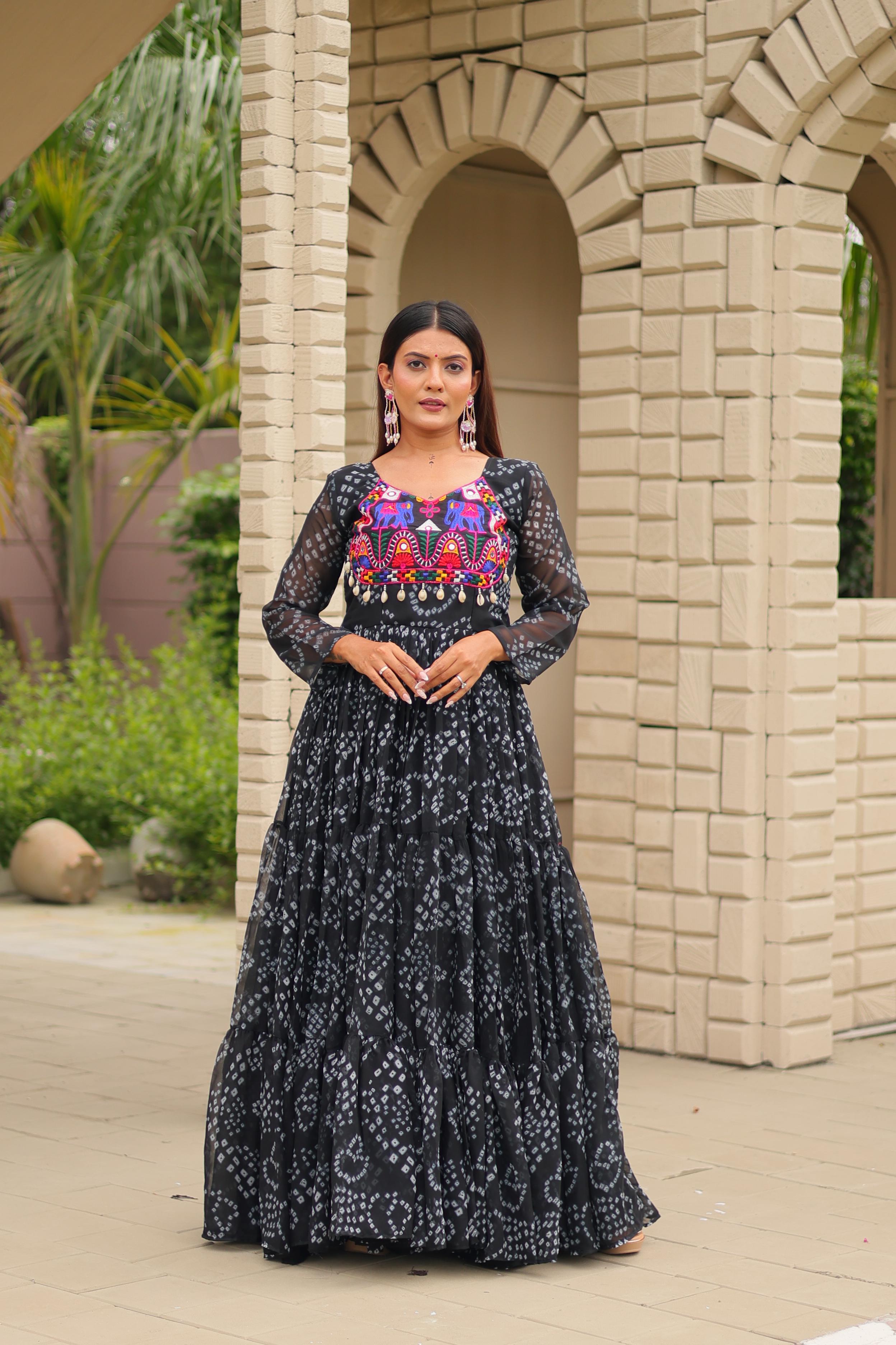 Womenline Black Color Georgette Navratri Gown