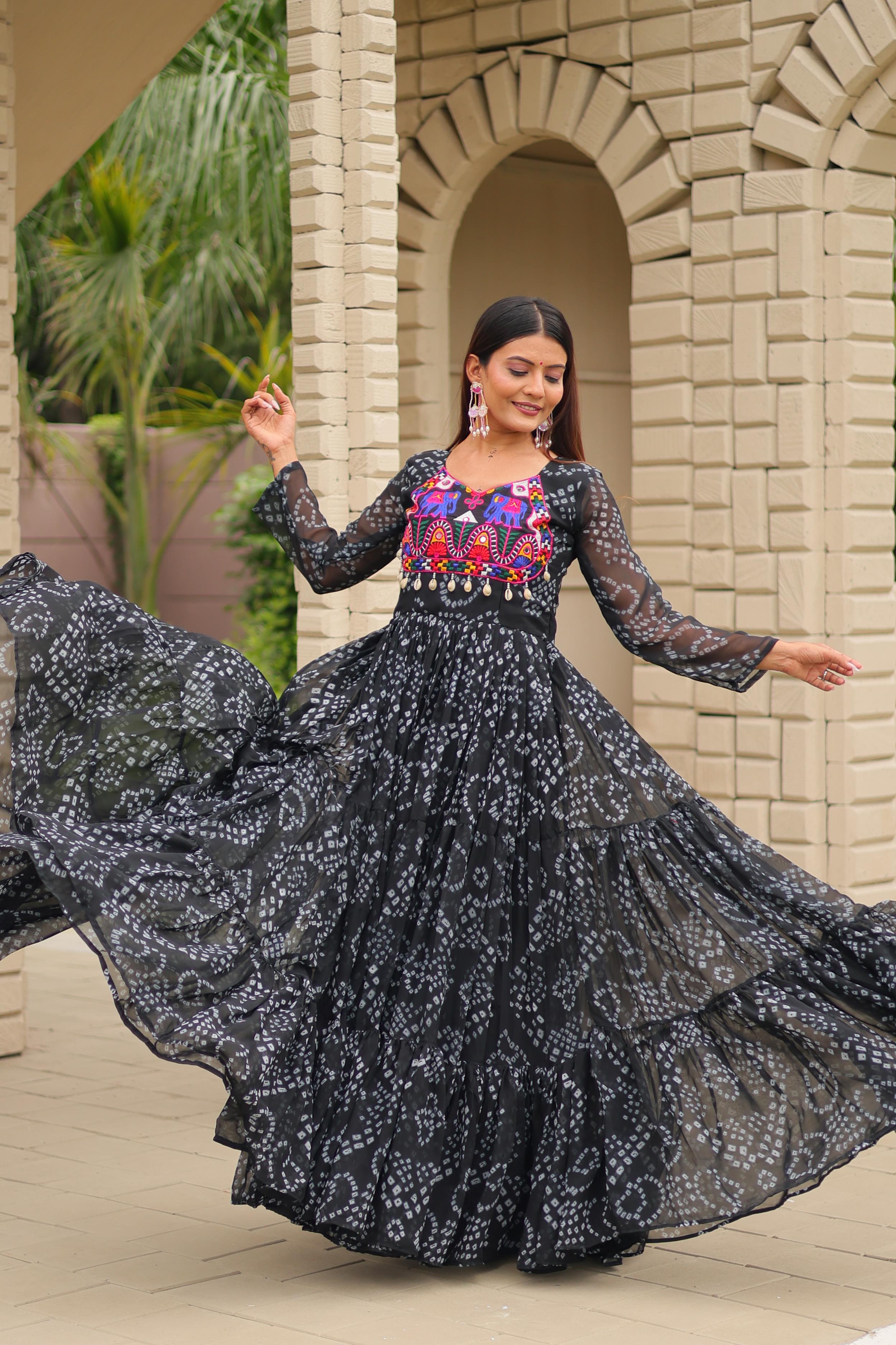 Womenline Black Color Georgette Navratri Gown