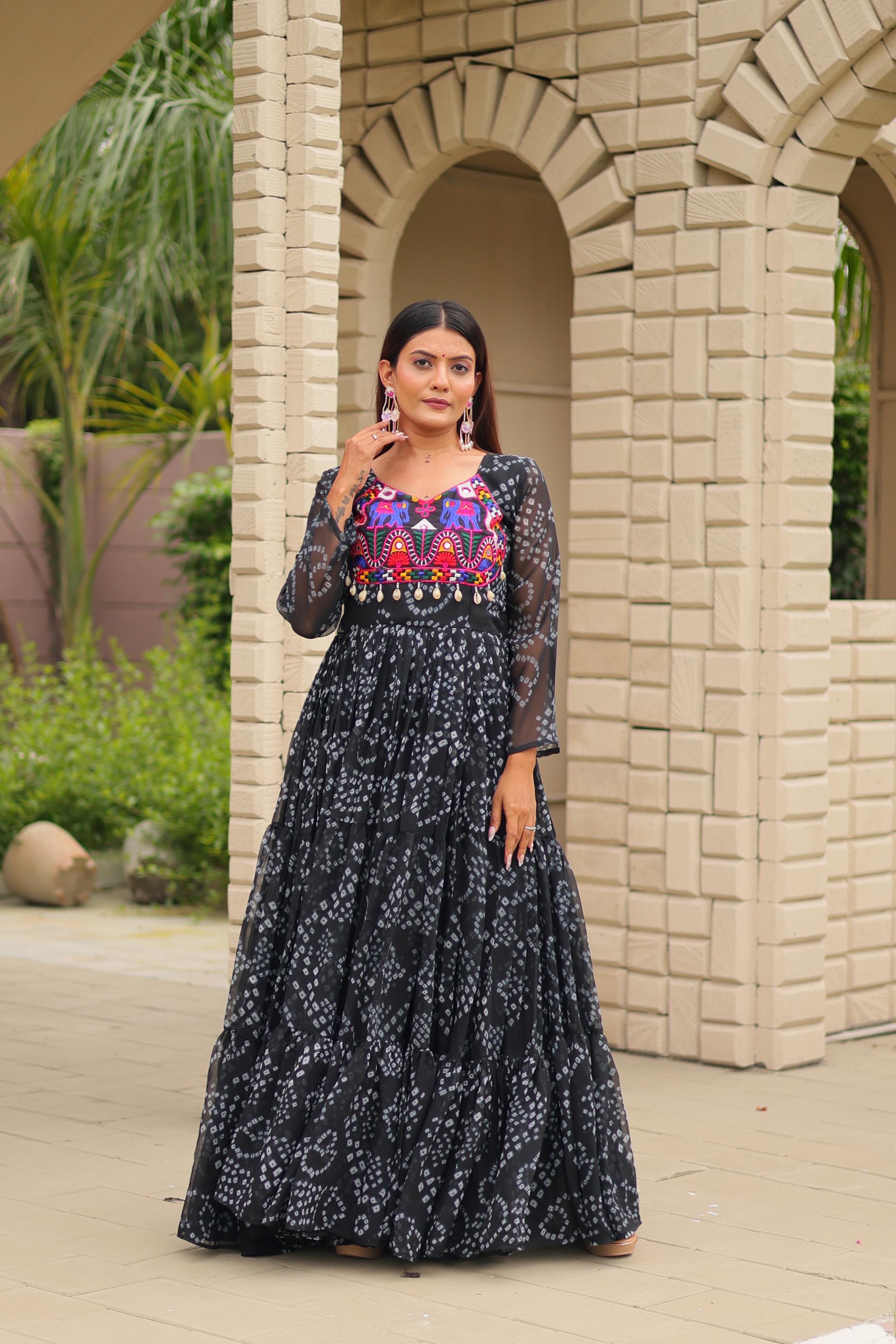 Womenline Black Color Georgette Navratri Gown