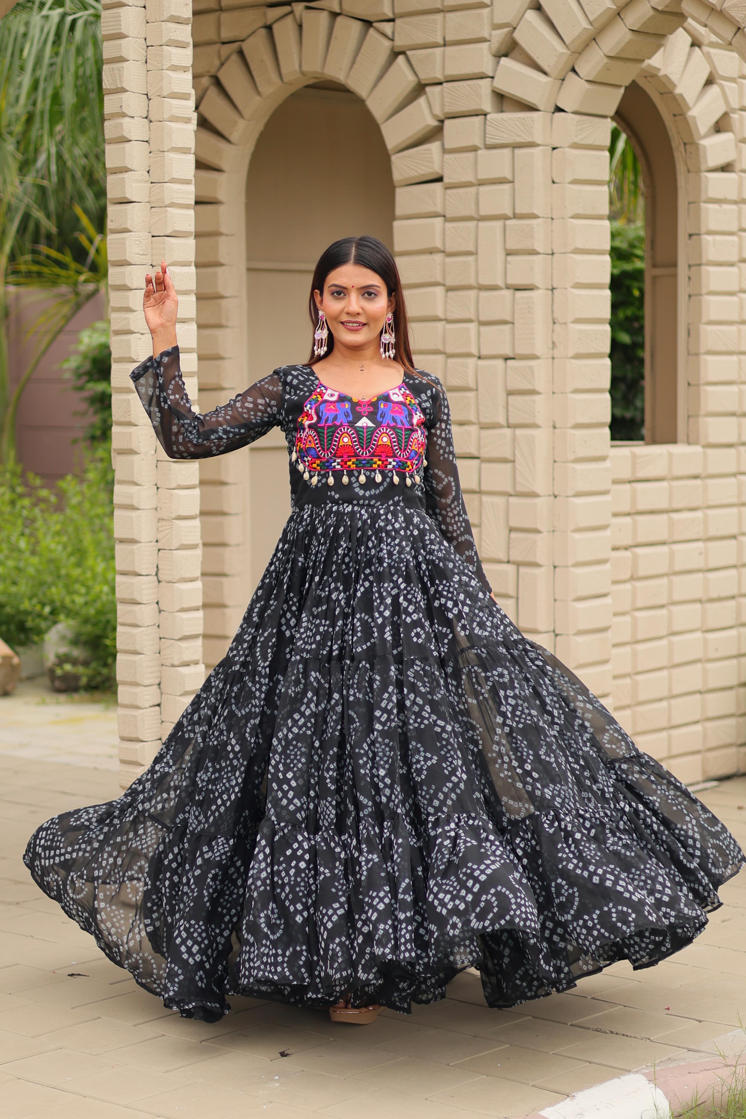 Womenline Black Color Georgette Navratri Gown