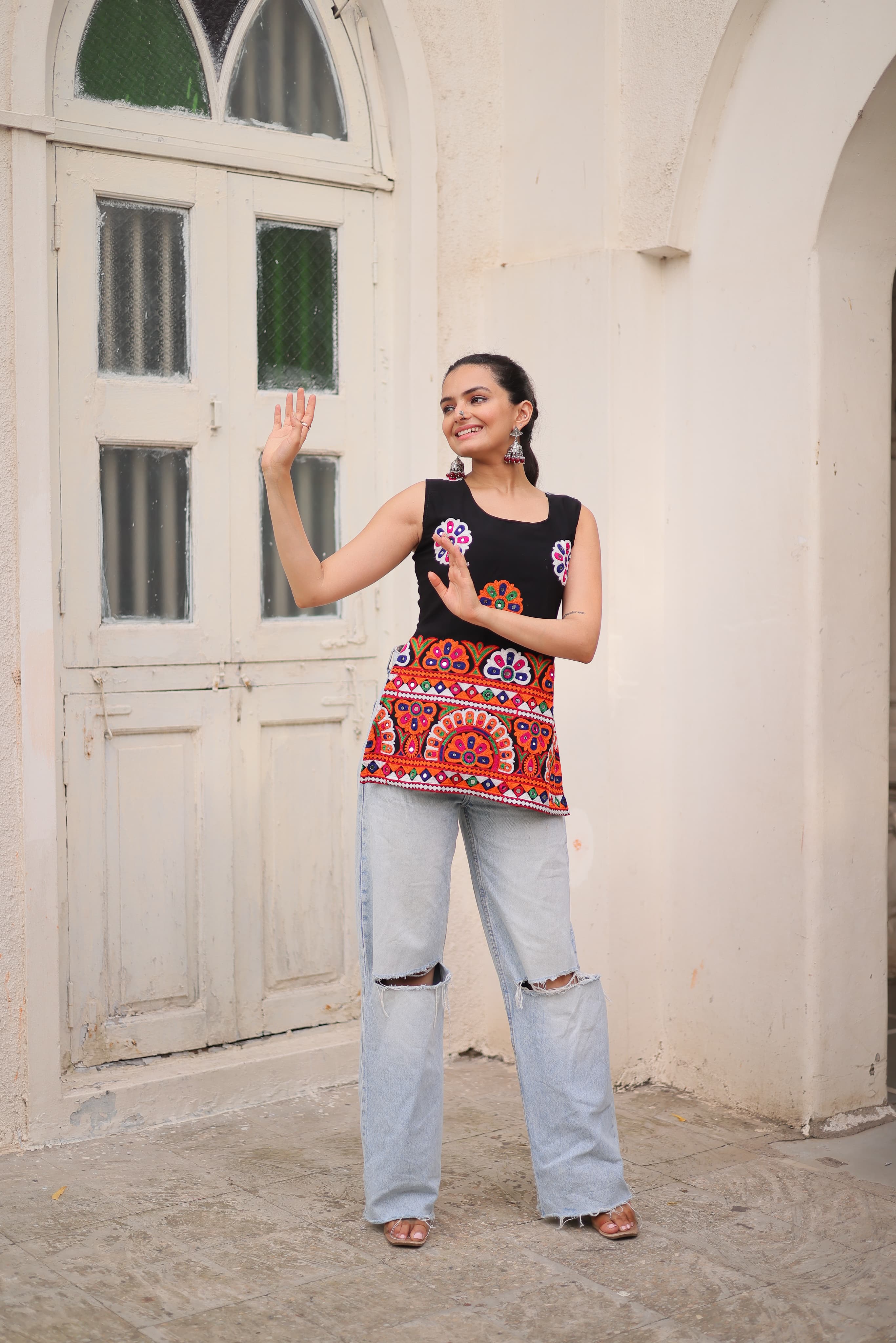 Womenline Black Color Georgette Navratri Tunic