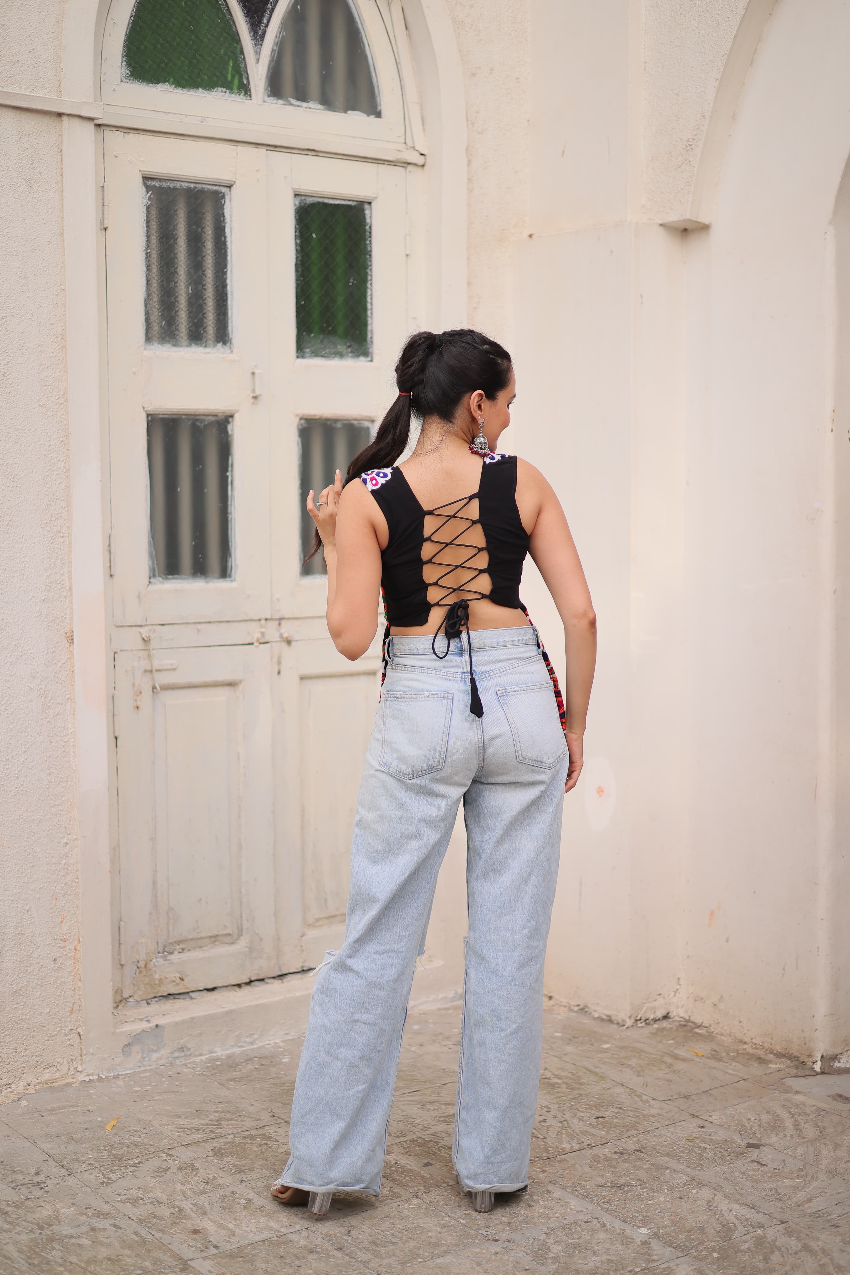 Womenline Black Color Georgette Navratri Tunic