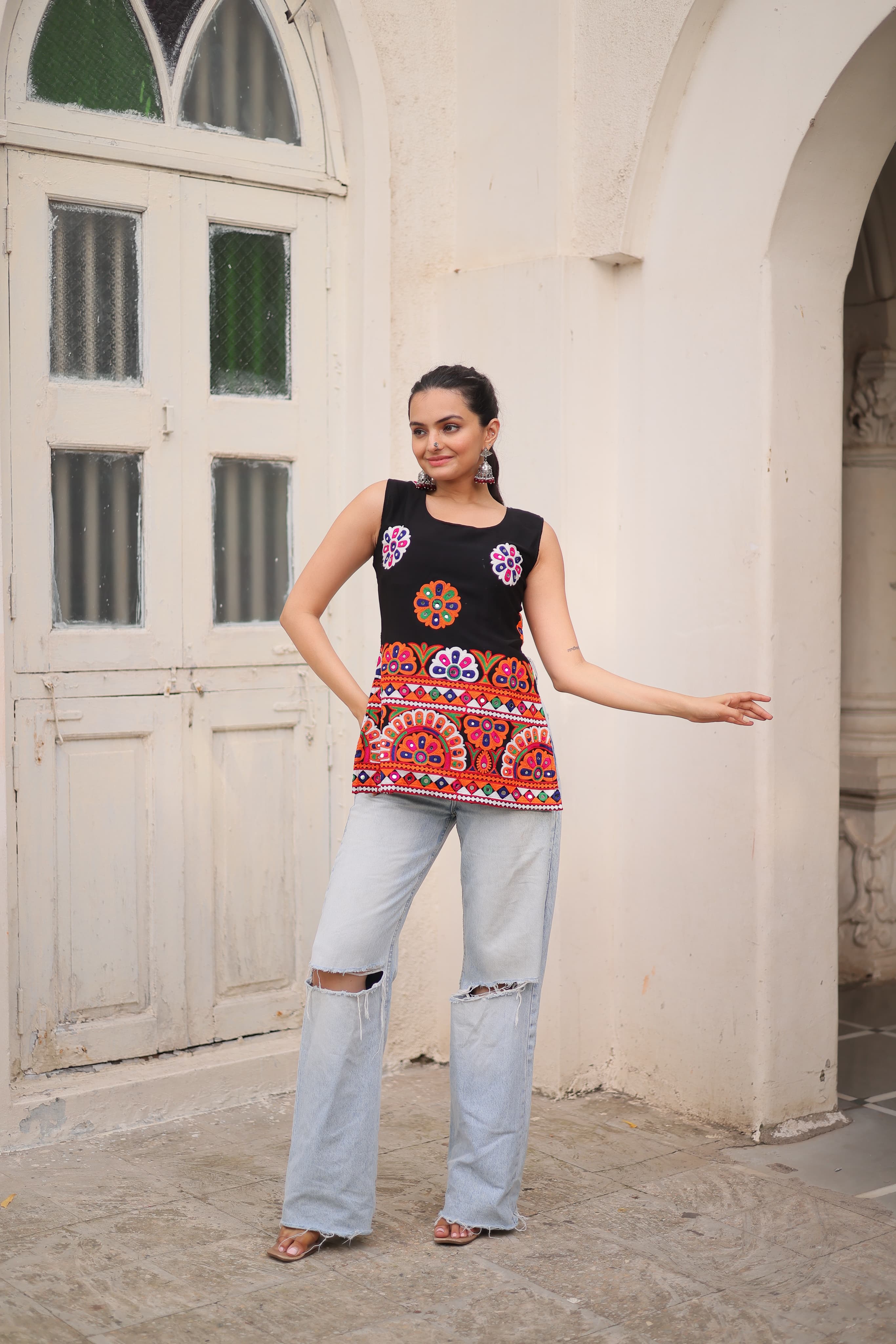 Womenline Black Color Georgette Navratri Tunic