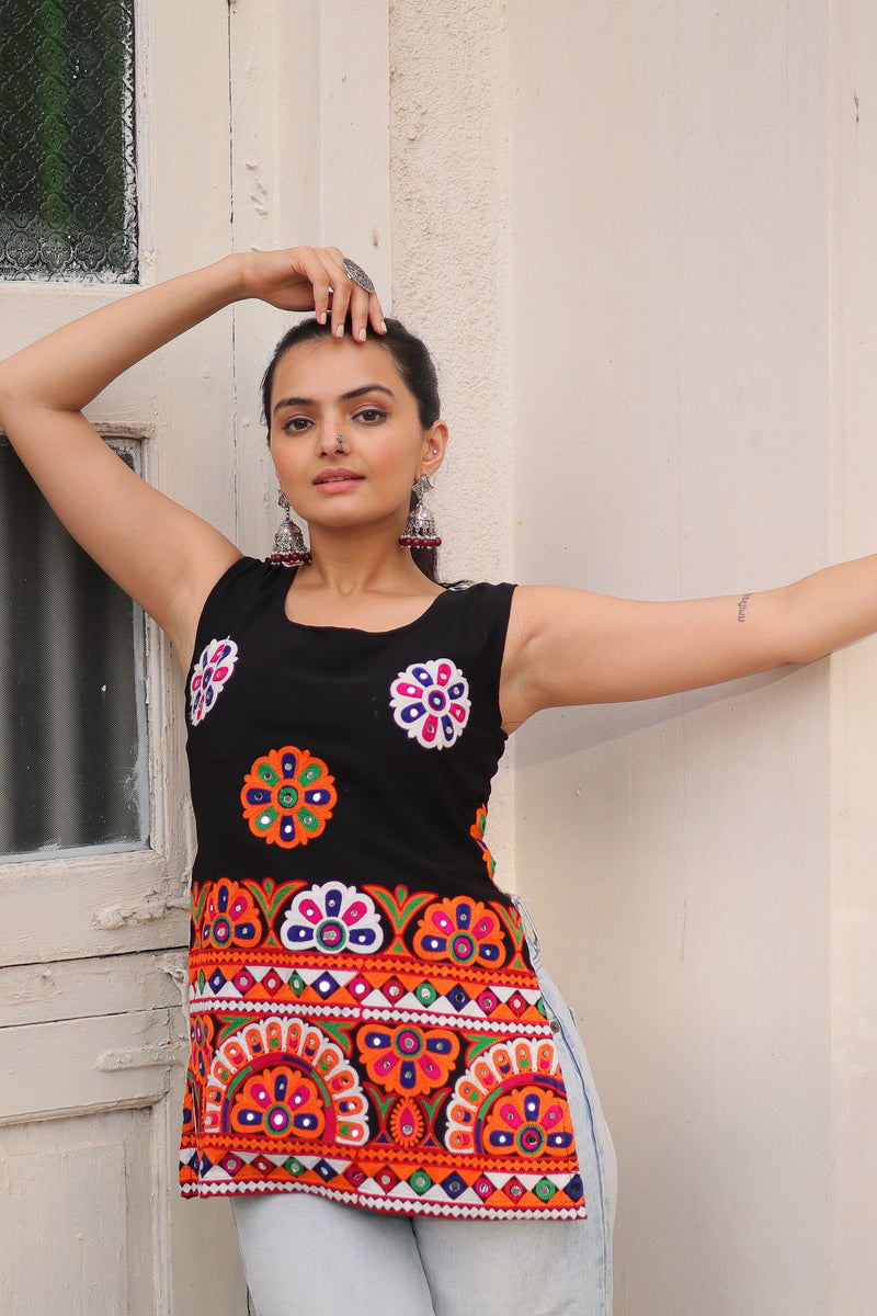 Womenline Black Color Georgette Navratri Tunic