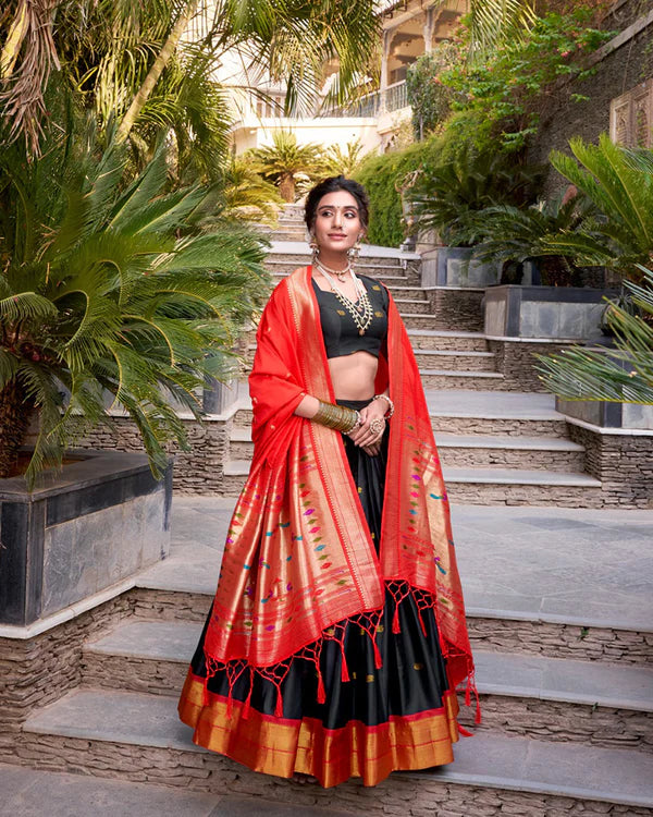 Womenline Black Color Jacquard Silk Zari Weaving Work Half Saree